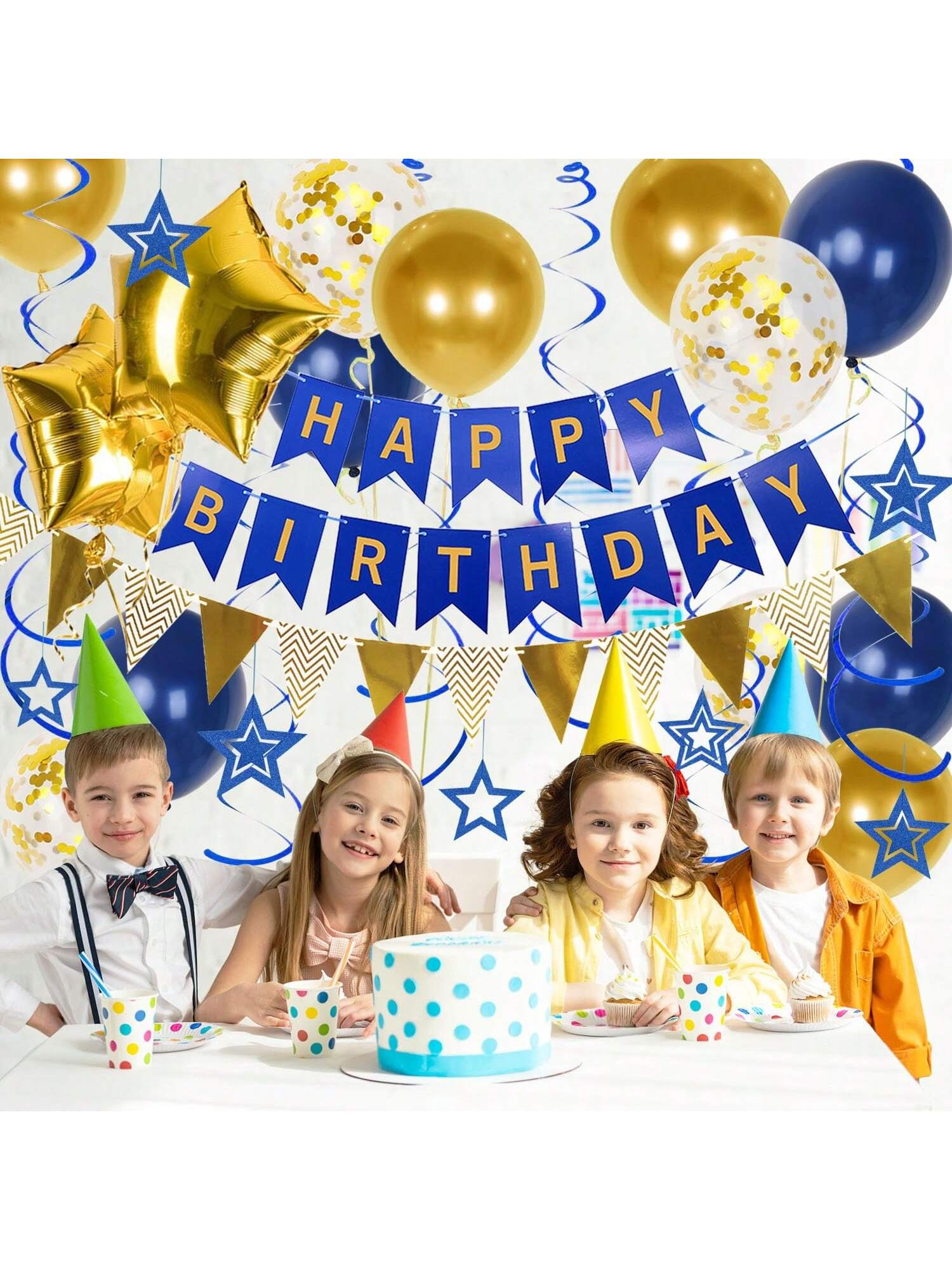 Navy Blue and Gold Birthday Decorations Banner Stars Balloons for Party