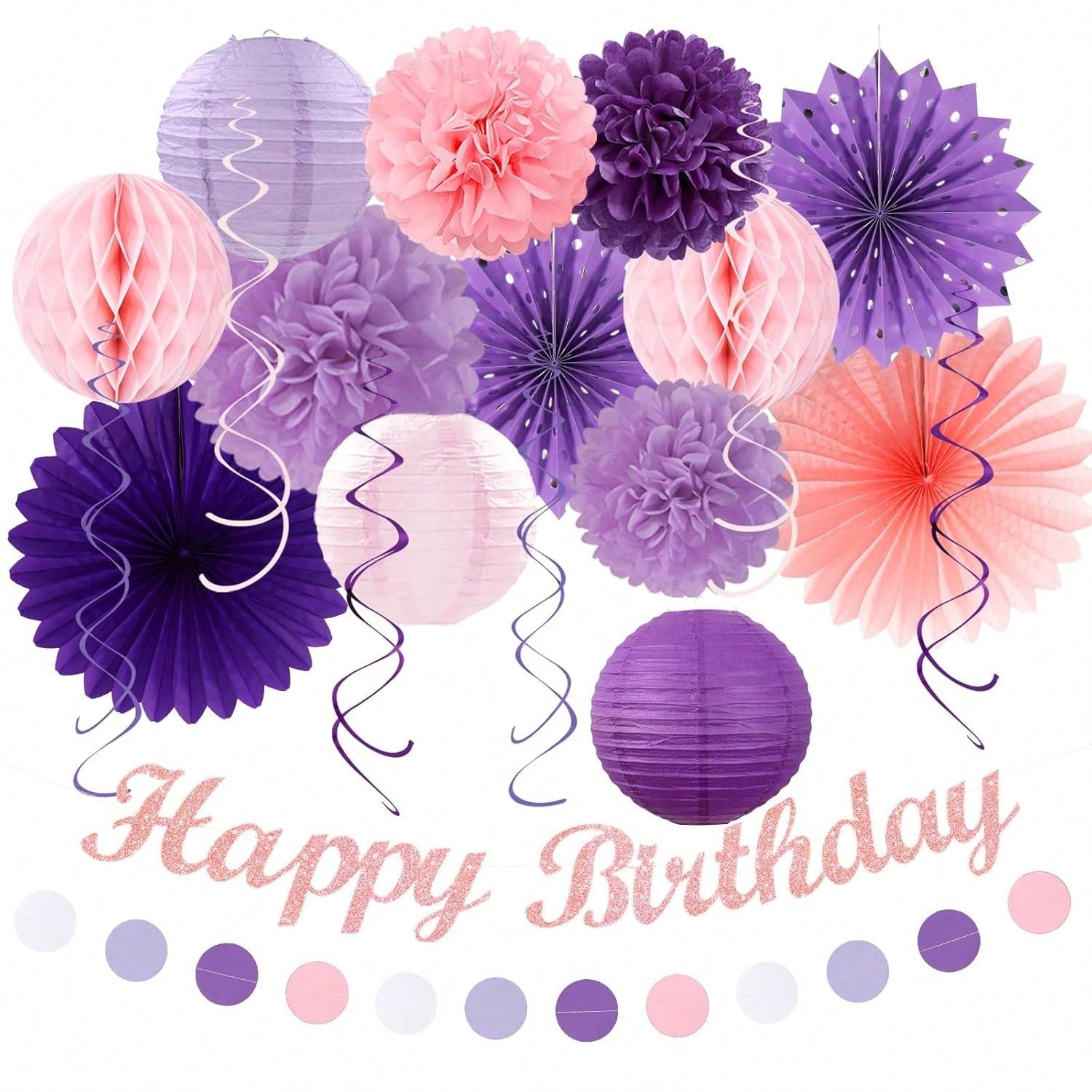 21pcs Purple Lilac Pink Women Birthday Party Decorations Banner Lanterns Pom Poms
