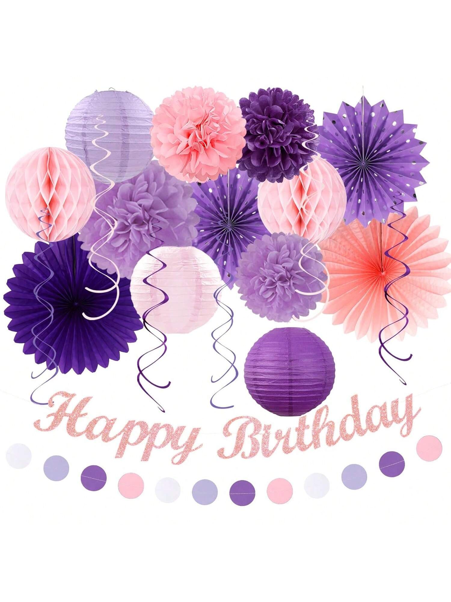 21pcs Purple Lilac Pink Women Birthday Party Decorations Banner Lanterns Pom Poms