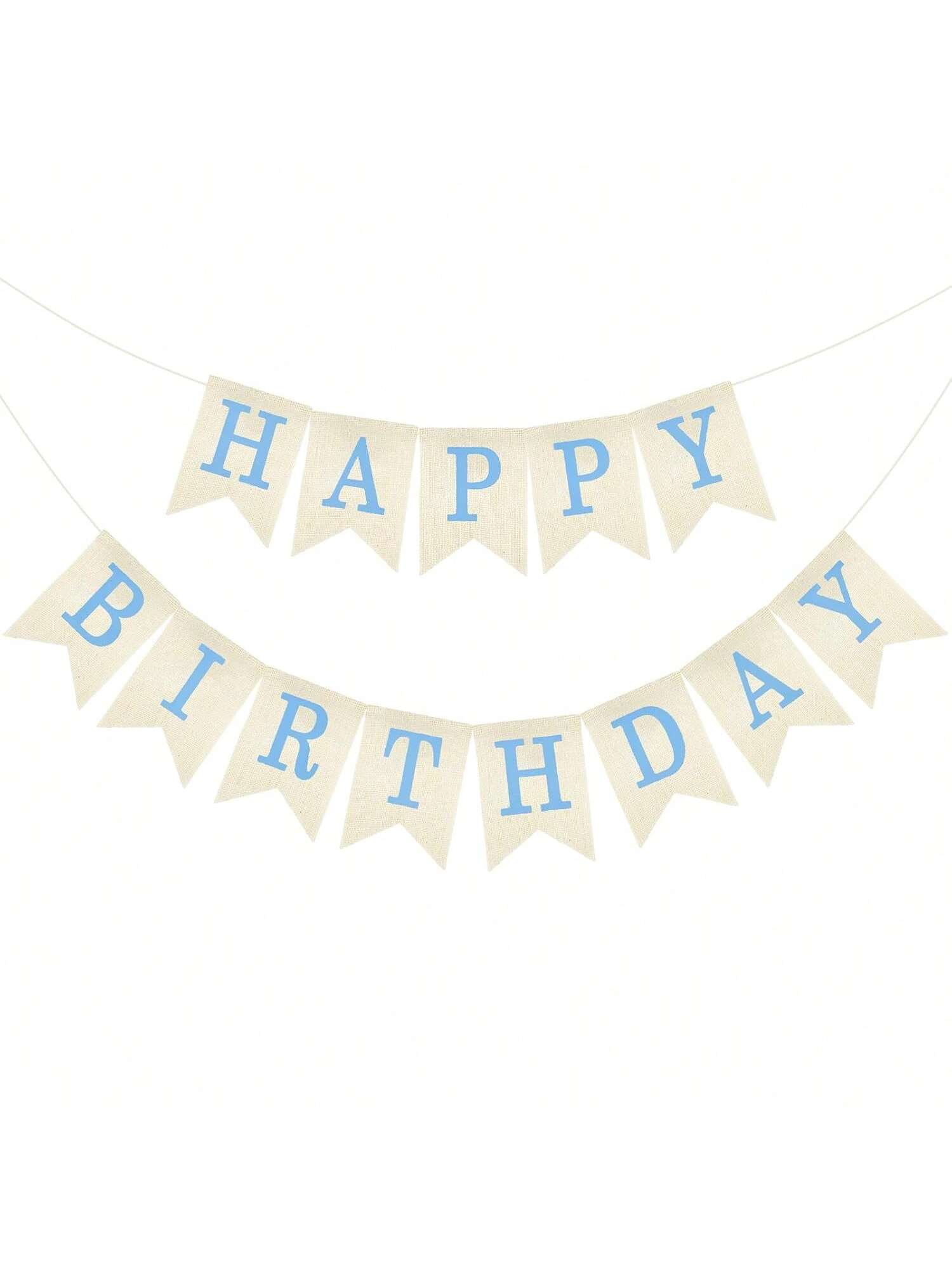 Blue Burlap Happy Birthday Banner for Men Party Decoration Backdrop