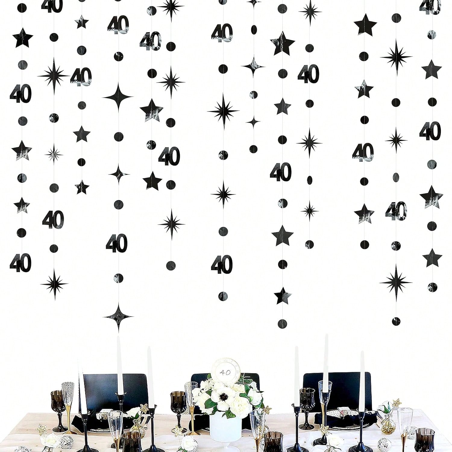 Black 40th Birthday Decorations with Number 40 Metallic Garland and Banner