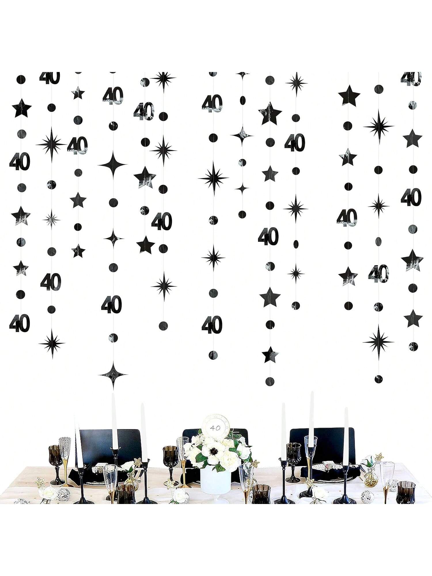 Black 40th Birthday Decorations with Number 40 Metallic Garland and Banner