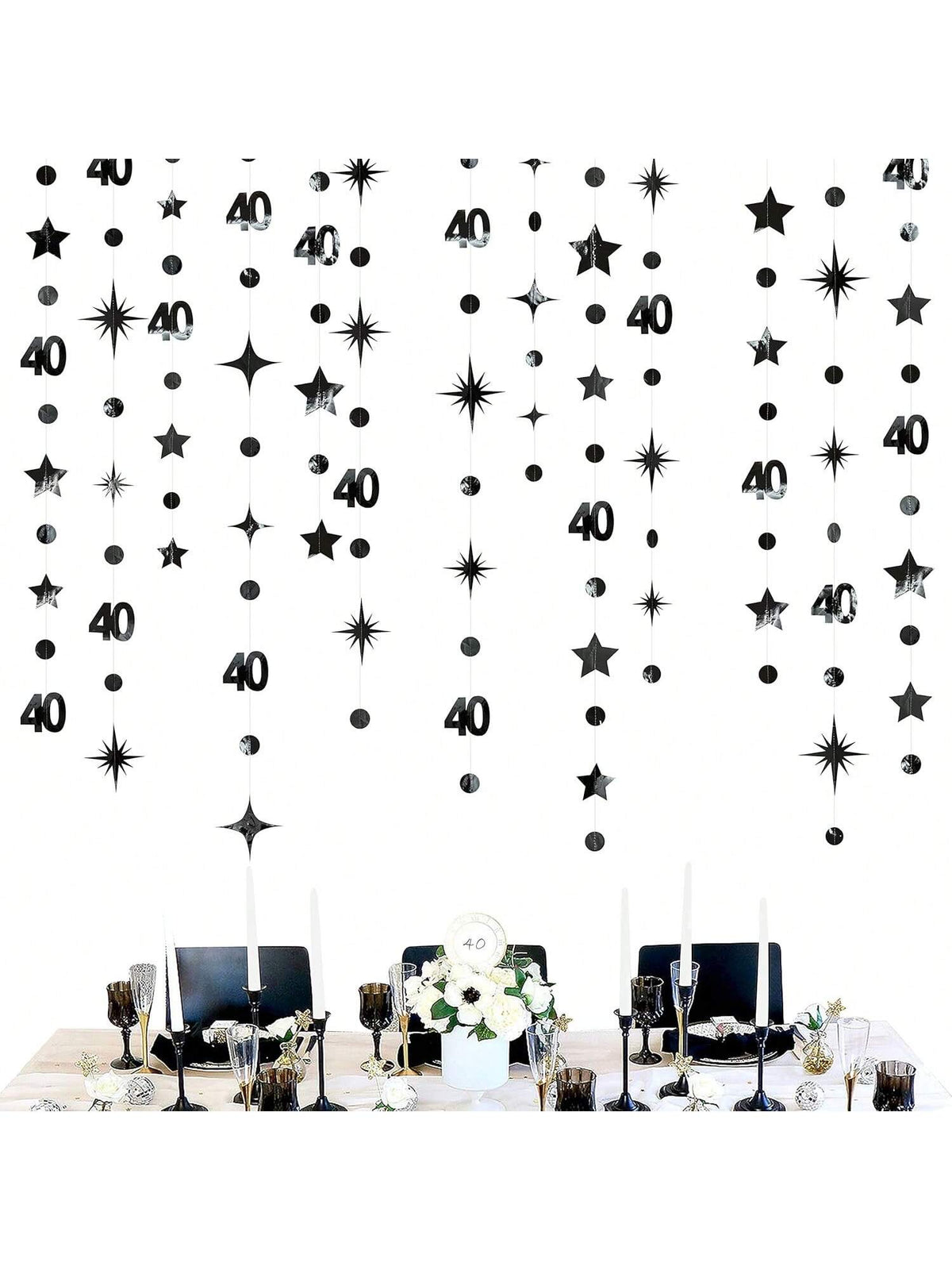 Black 40th Birthday Decorations with Number 40 Metallic Garland and Banner