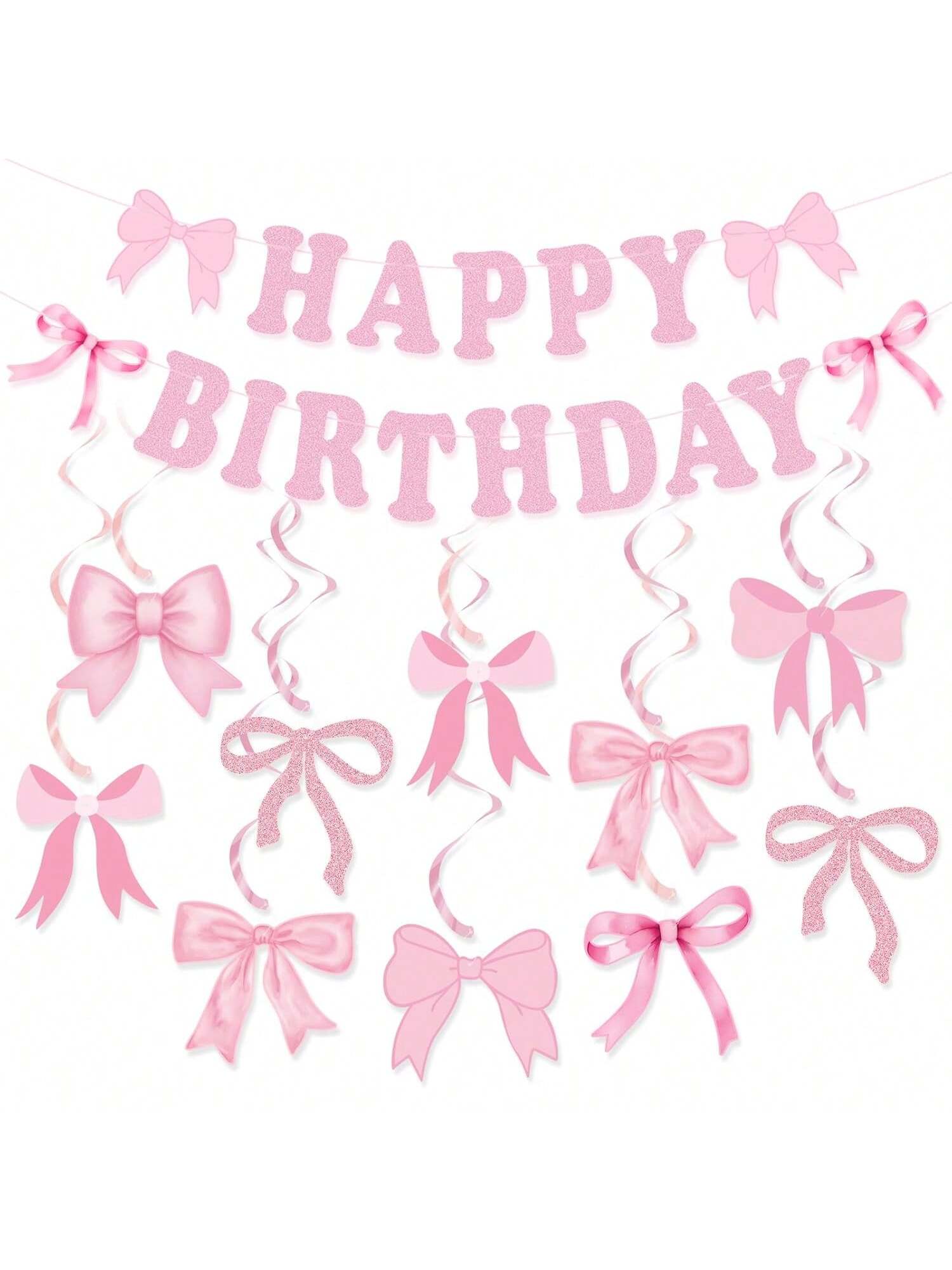Pink Bow Birthday Party Decorations with Banner & Hanging Swirls for Women