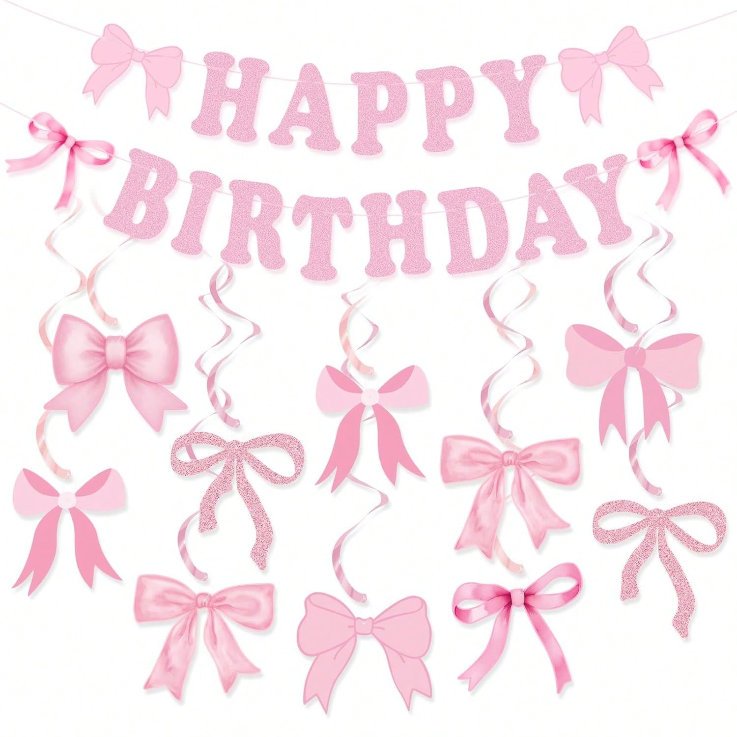 Pink Bow Birthday Party Decorations with Banner & Hanging Swirls for Women