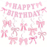 Pink Bow Birthday Party Decorations with Banner & Hanging Swirls for Women