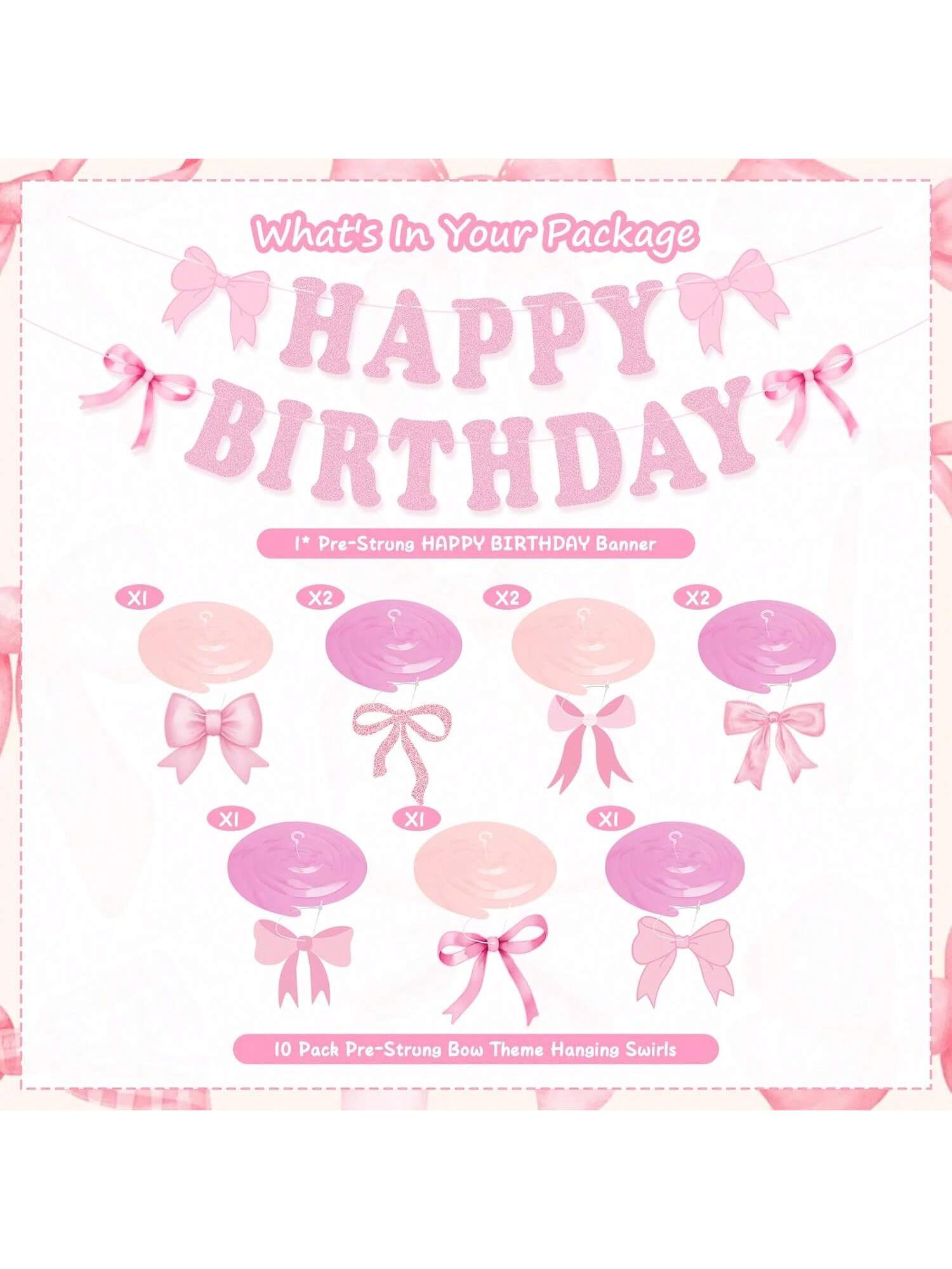 Pink Bow Birthday Party Decorations with Banner & Hanging Swirls for Women