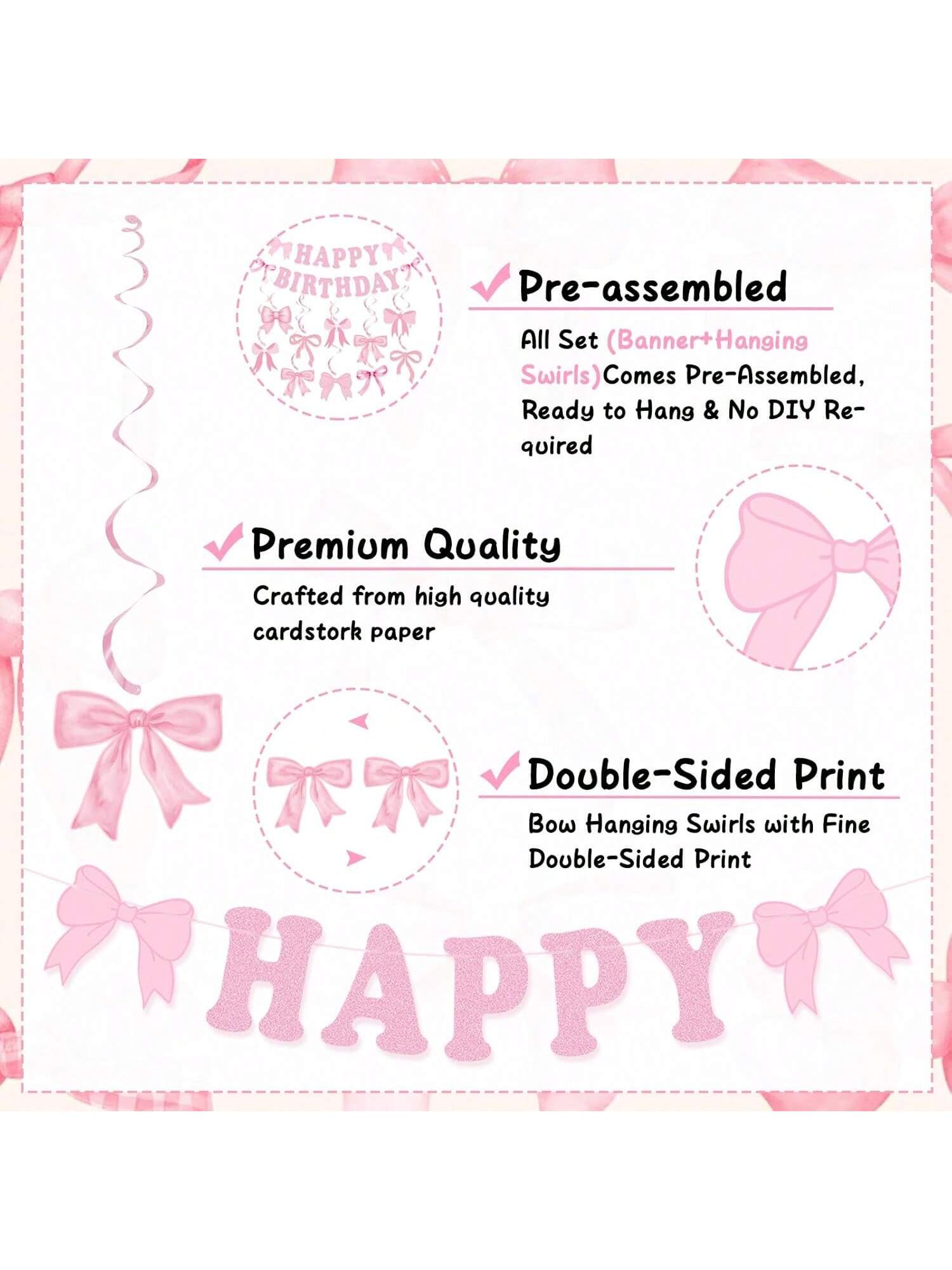 Pink Bow Birthday Party Decorations with Banner & Hanging Swirls for Women