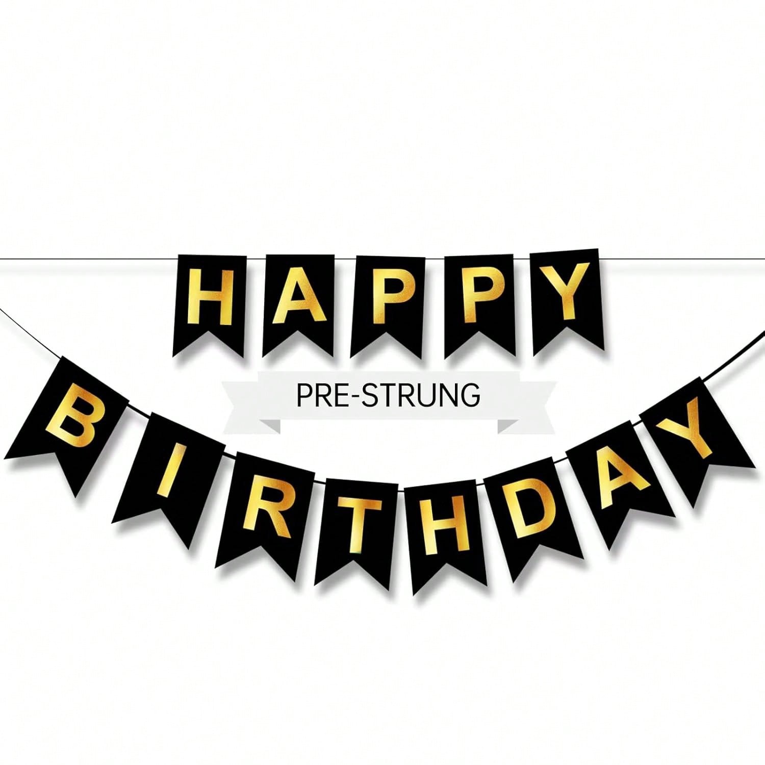 Black and Gold Happy Birthday Banner 16Ft Pre-Strung for Party Decor