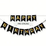 Black and Gold Happy Birthday Banner 16Ft Pre-Strung for Party Decor
