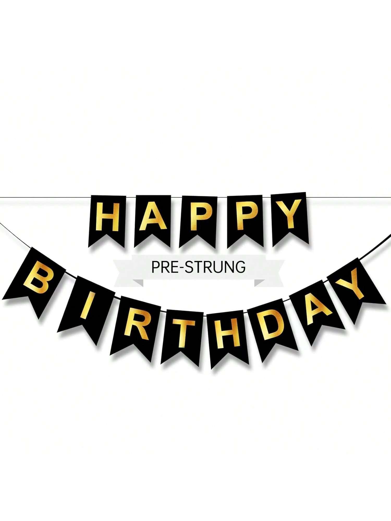Black and Gold Happy Birthday Banner 16Ft Pre-Strung for Party Decor
