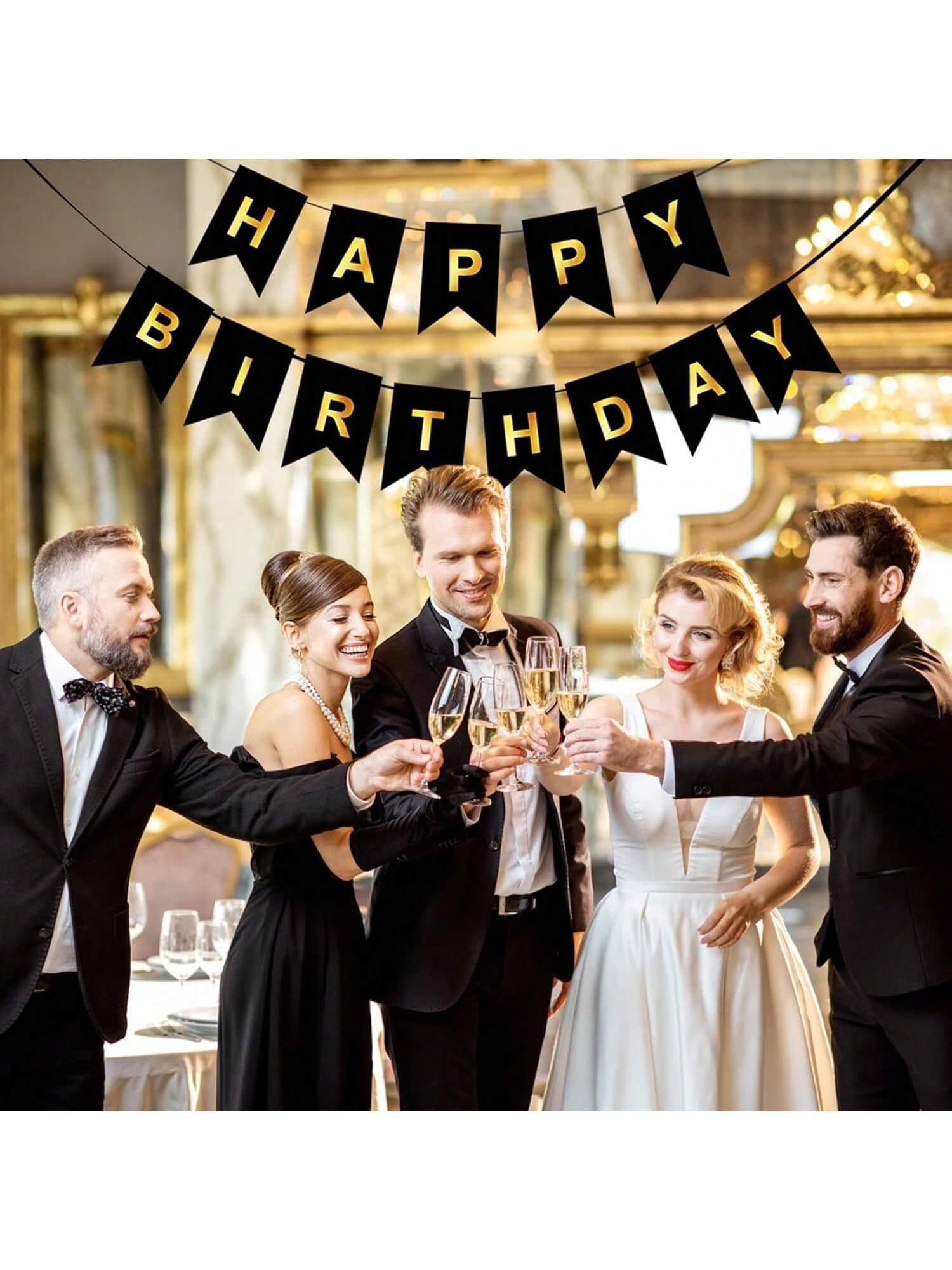 Black and Gold Happy Birthday Banner 16Ft Pre-Strung for Party Decor