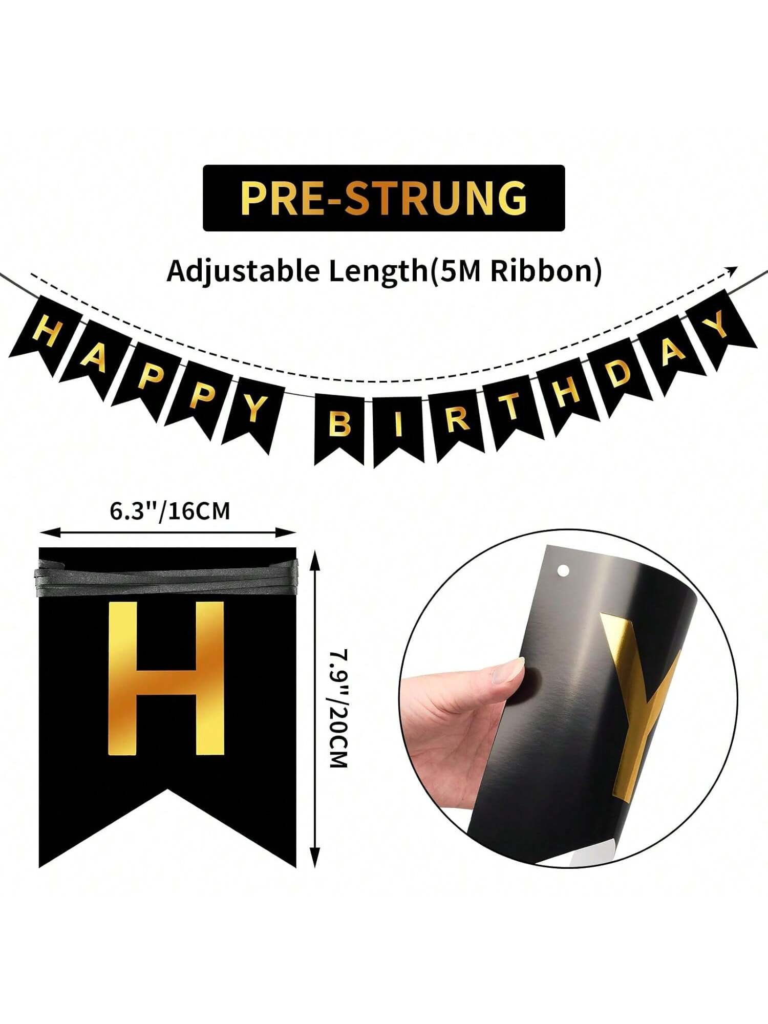 Black and Gold Happy Birthday Banner 16Ft Pre-Strung for Party Decor
