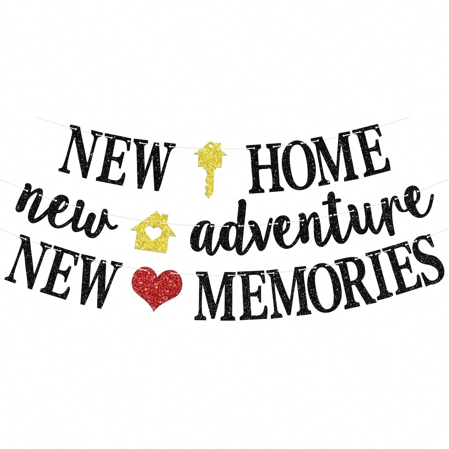 New Home New Adventure Banner Black Glitter for Housewarming and Welcome Party
