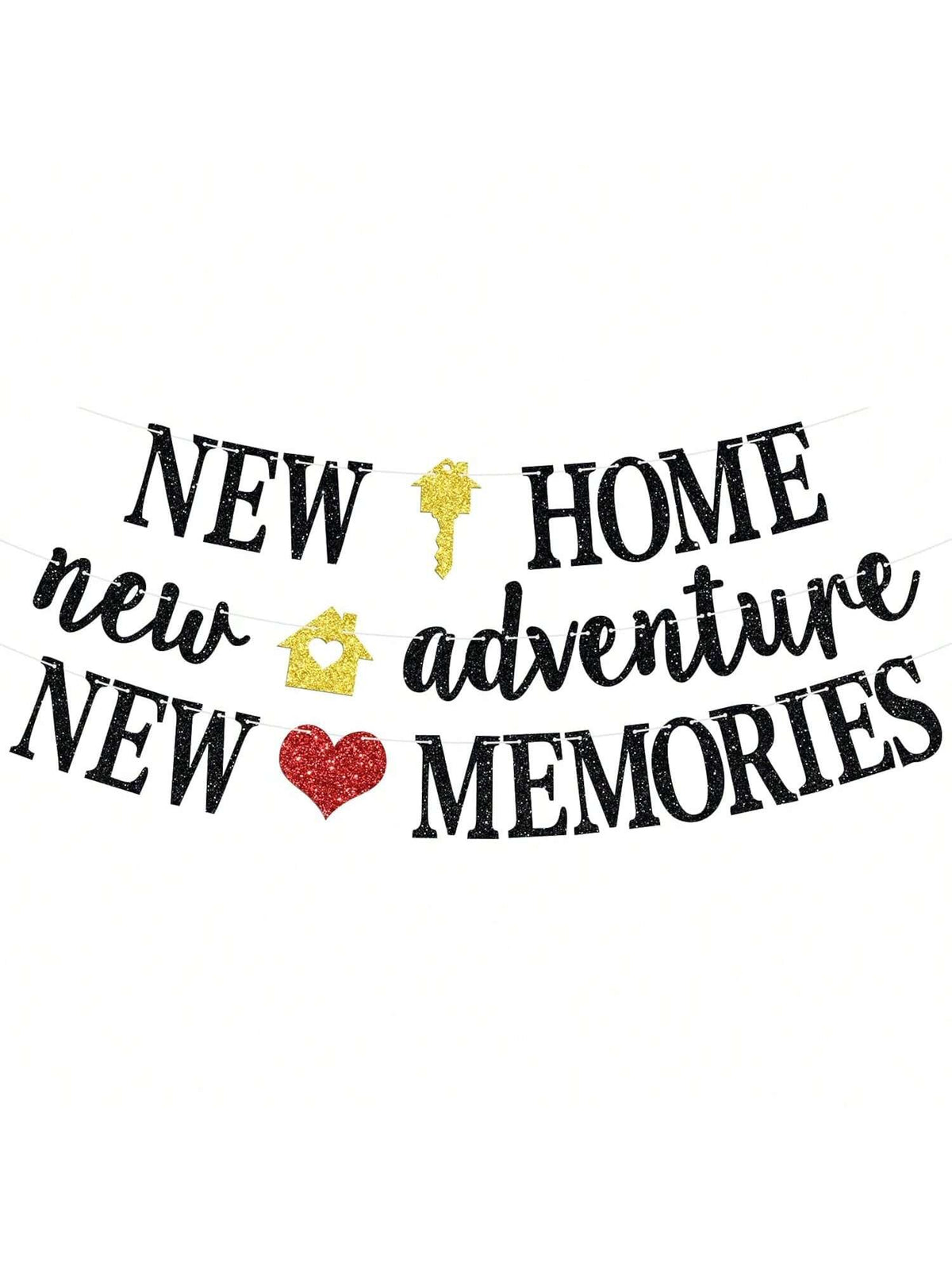 New Home New Adventure Banner Black Glitter for Housewarming and Welcome Party
