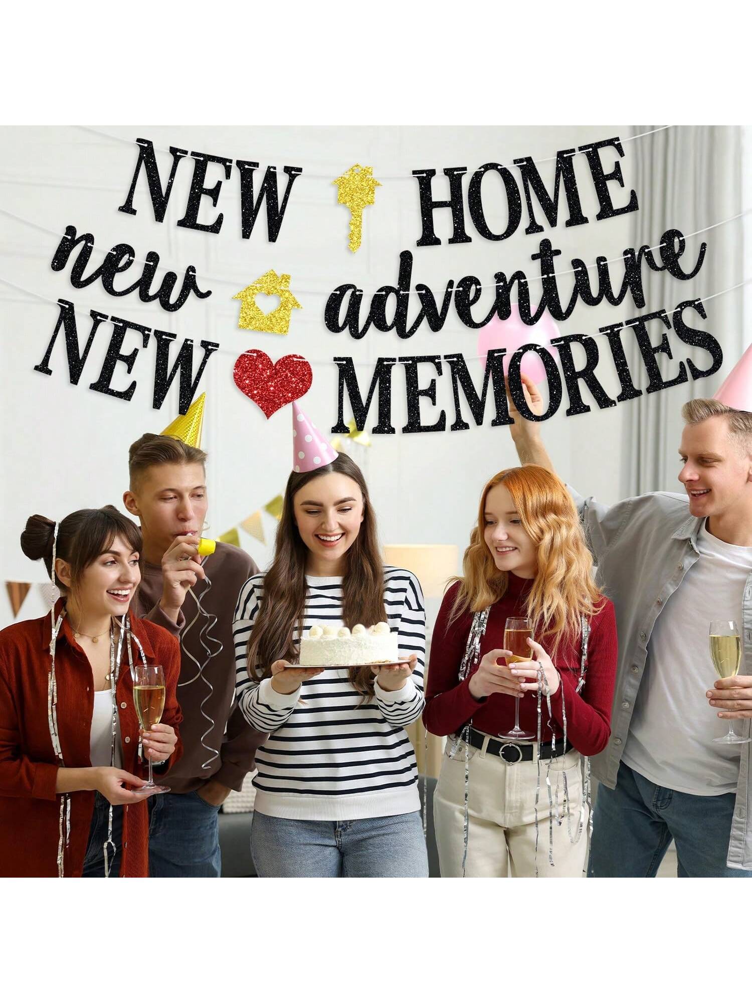 New Home New Adventure Banner Black Glitter for Housewarming and Welcome Party