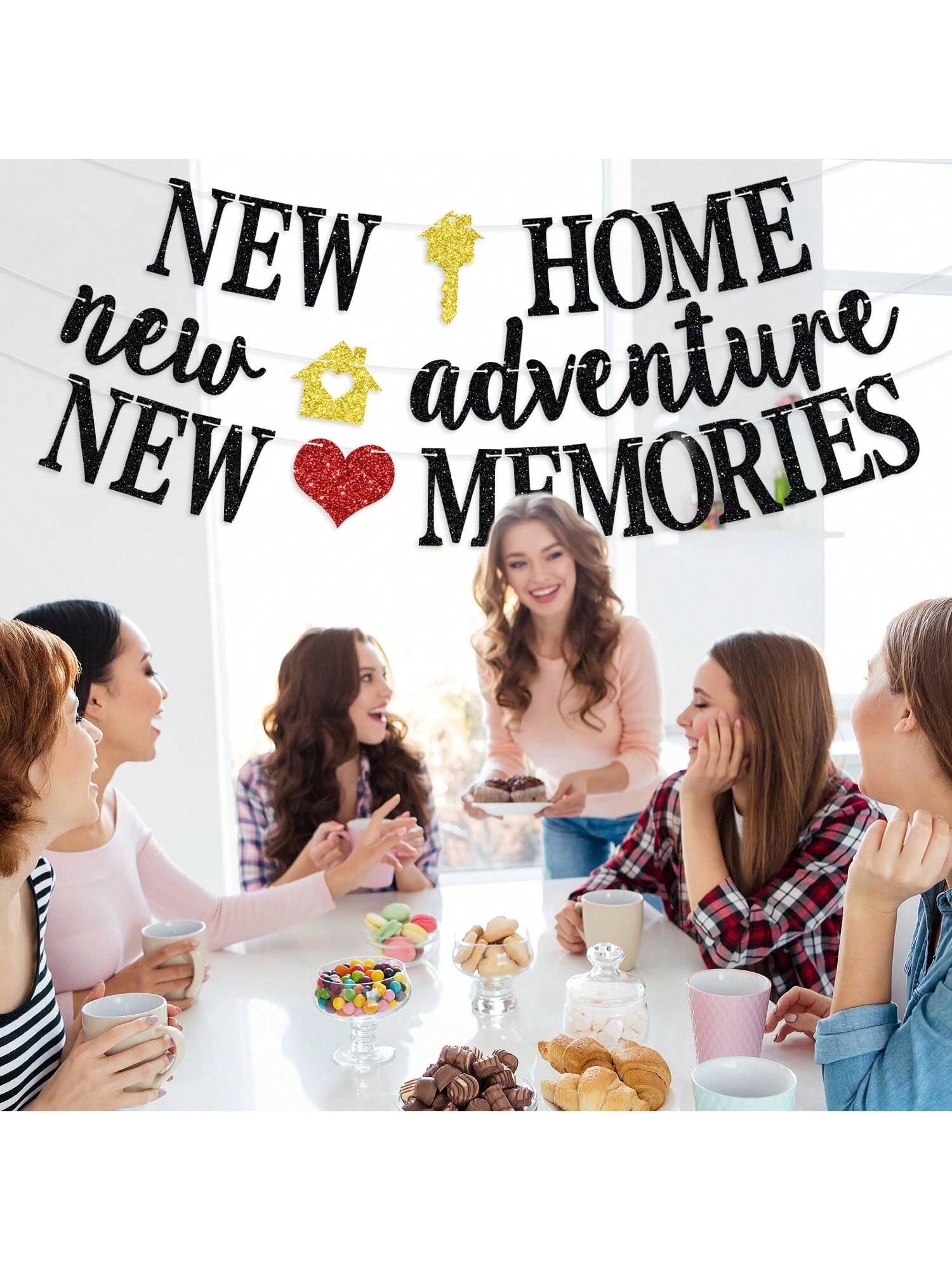 New Home New Adventure Banner Black Glitter for Housewarming and Welcome Party