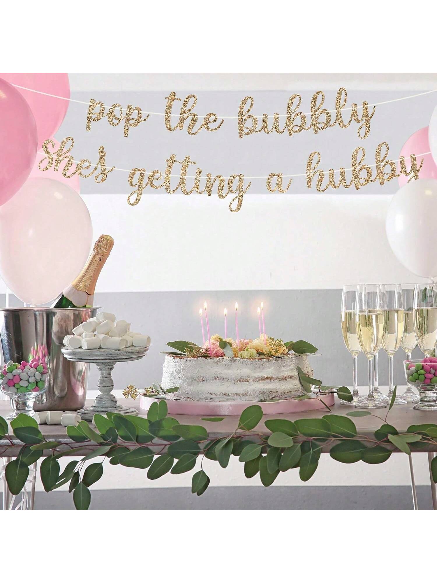 Pre-Strung Pop the Bubbly Gold Glitter Banner for Bachelorette Party Decor