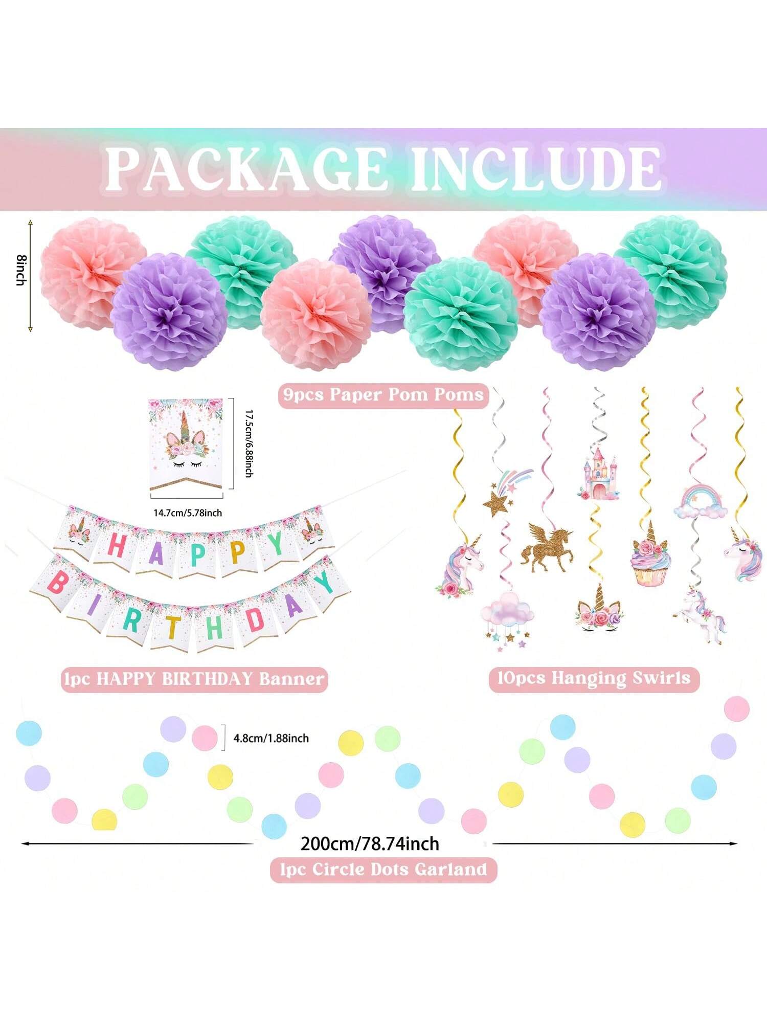 Unicorn Birthday Decor Set with Banner Pom Poms Swirls & Garland