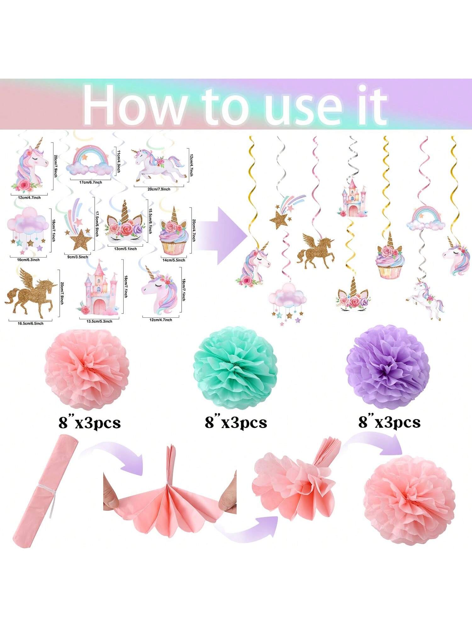 Unicorn Birthday Decor Set with Banner Pom Poms Swirls & Garland