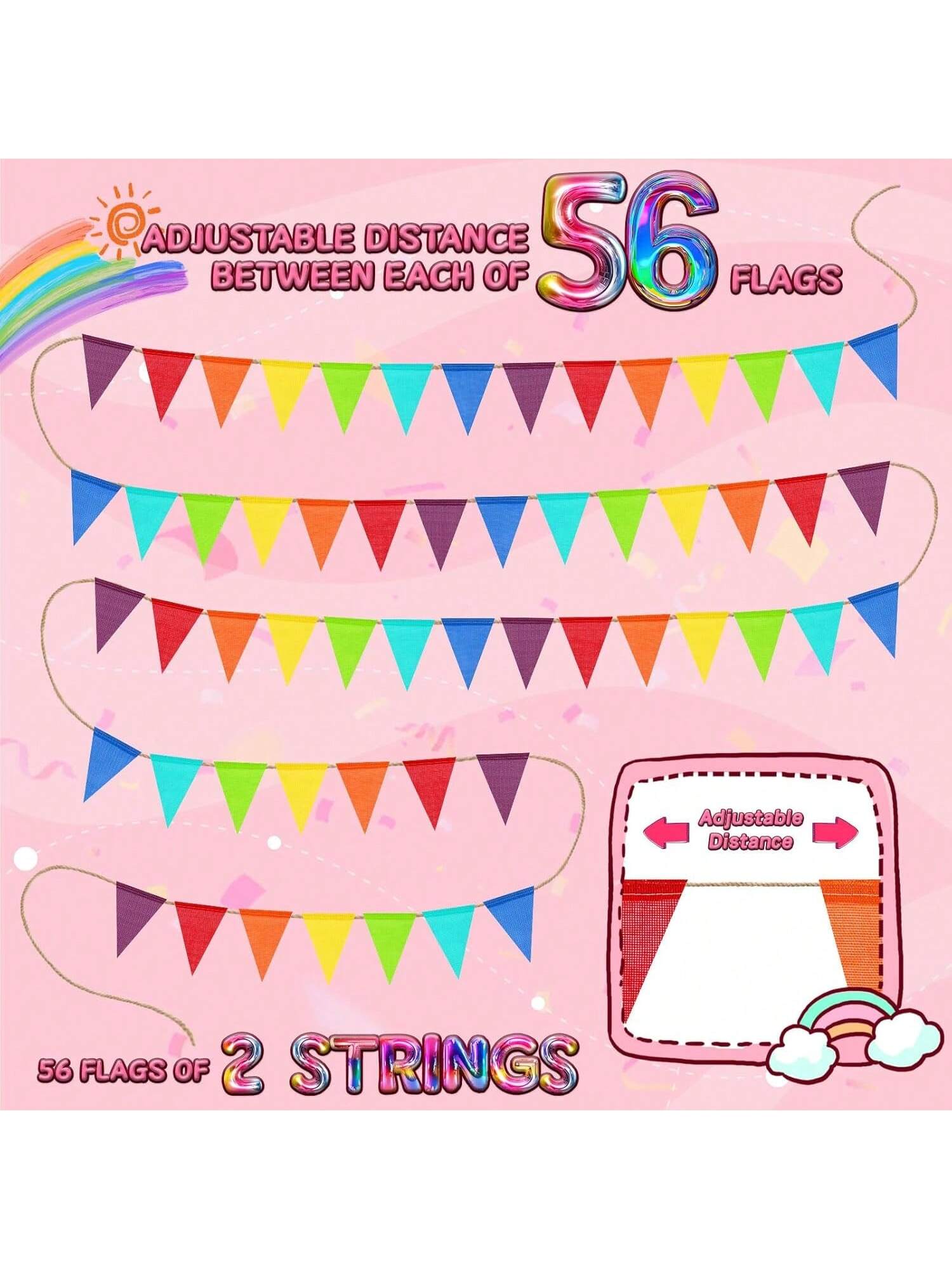 112pcs Rainbow Pennant Banner Garland 72ft Triangle Flags for Parties