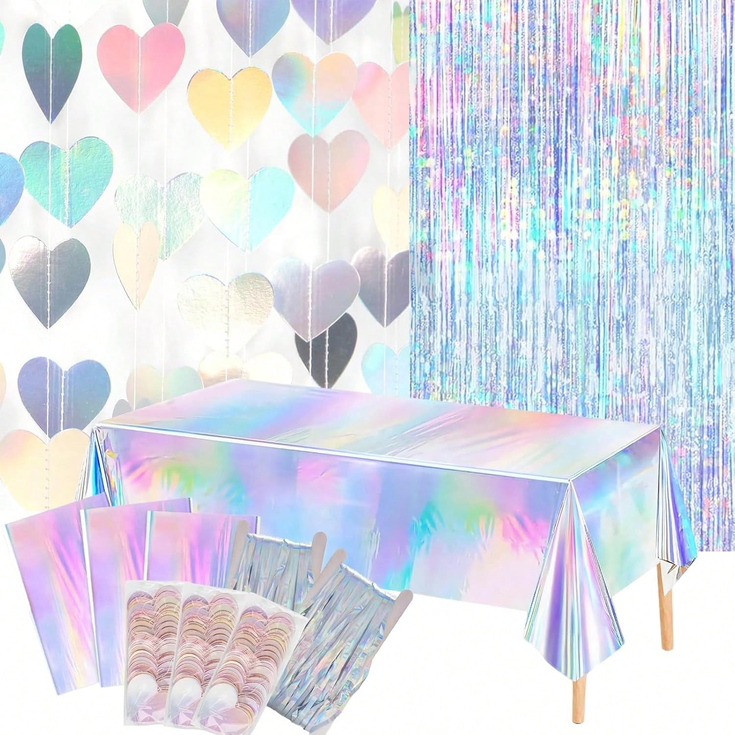 8PCS Iridescent Disco Party Decorations Garland Streamers & Tablecloth