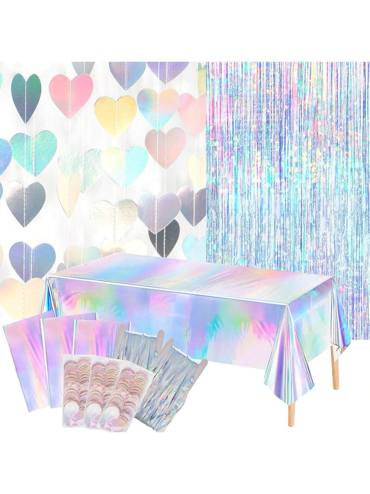 8PCS Iridescent Disco Party Decorations Garland Streamers & Tablecloth