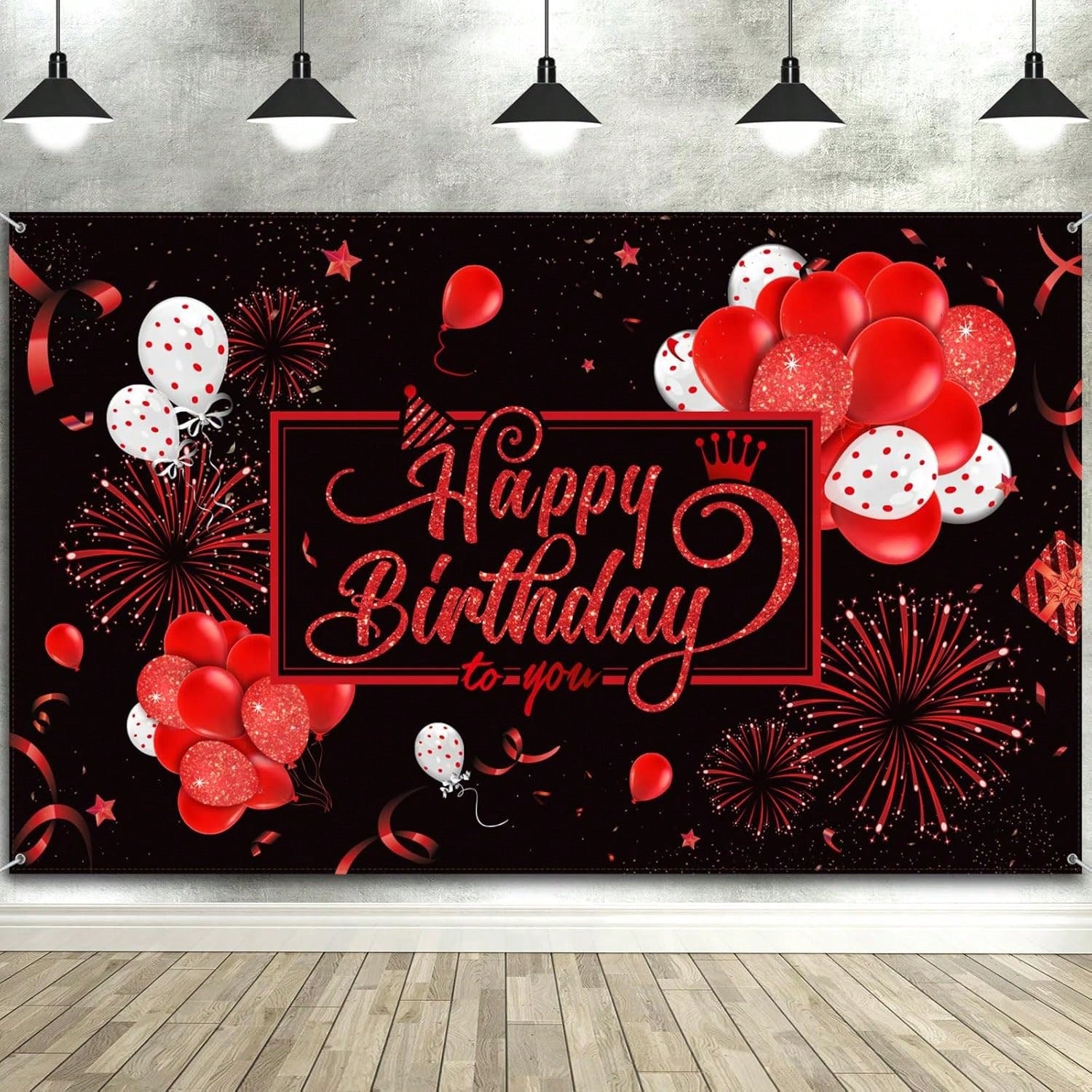 Large Happy Birthday Fabric Backdrop Banner with Glitter Balloons Fireworks 73x43 Inch