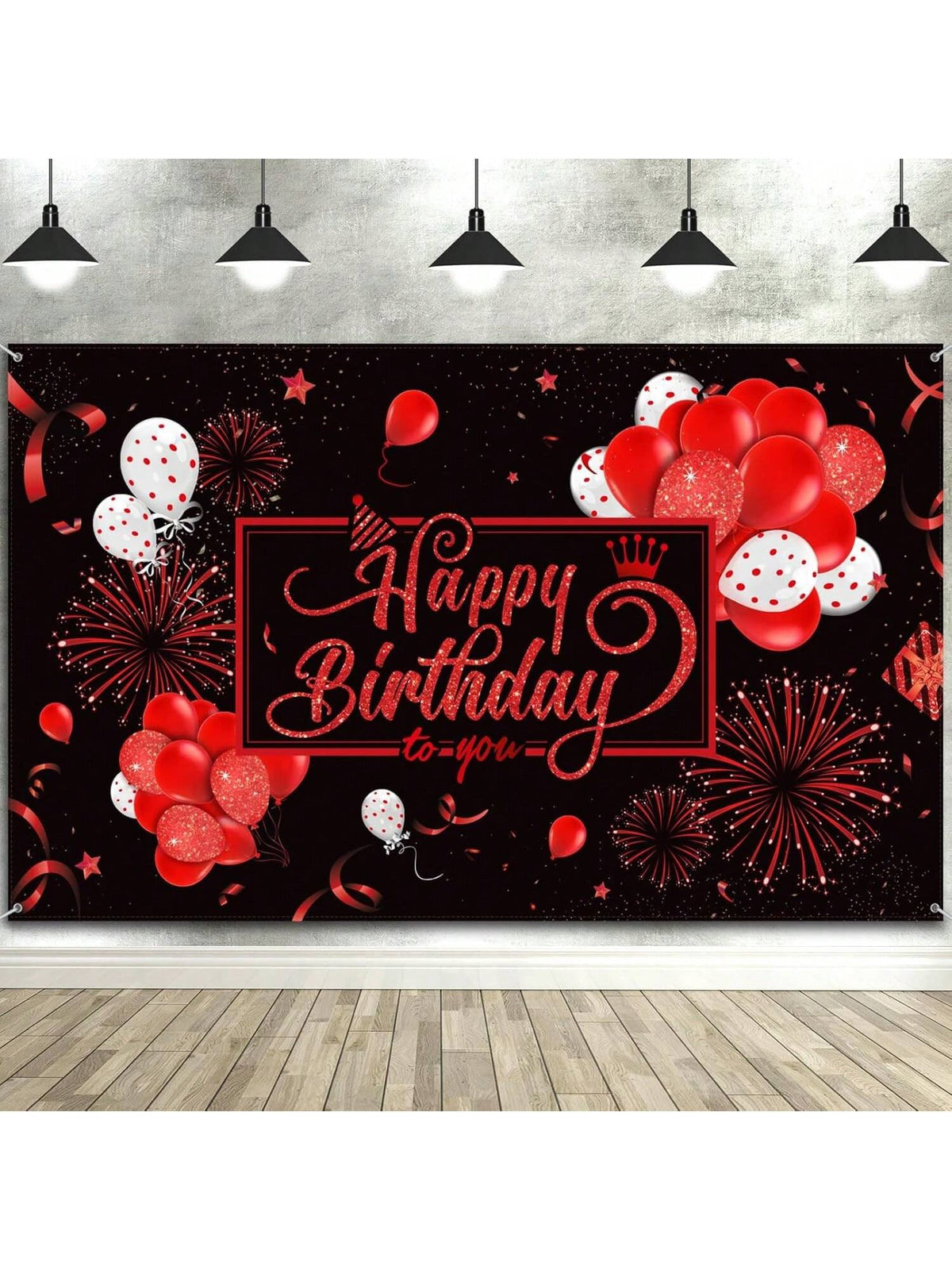 Large Happy Birthday Fabric Backdrop Banner with Glitter Balloons Fireworks 73x43 Inch