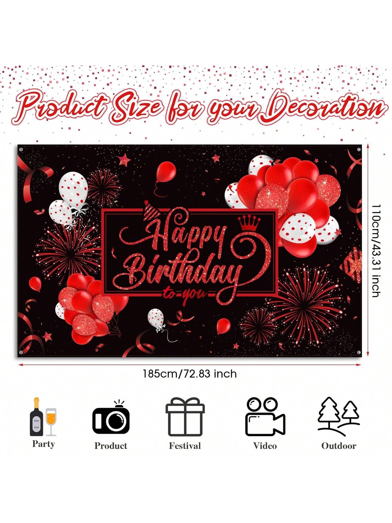 Large Happy Birthday Fabric Backdrop Banner with Glitter Balloons Fireworks 73x43 Inch