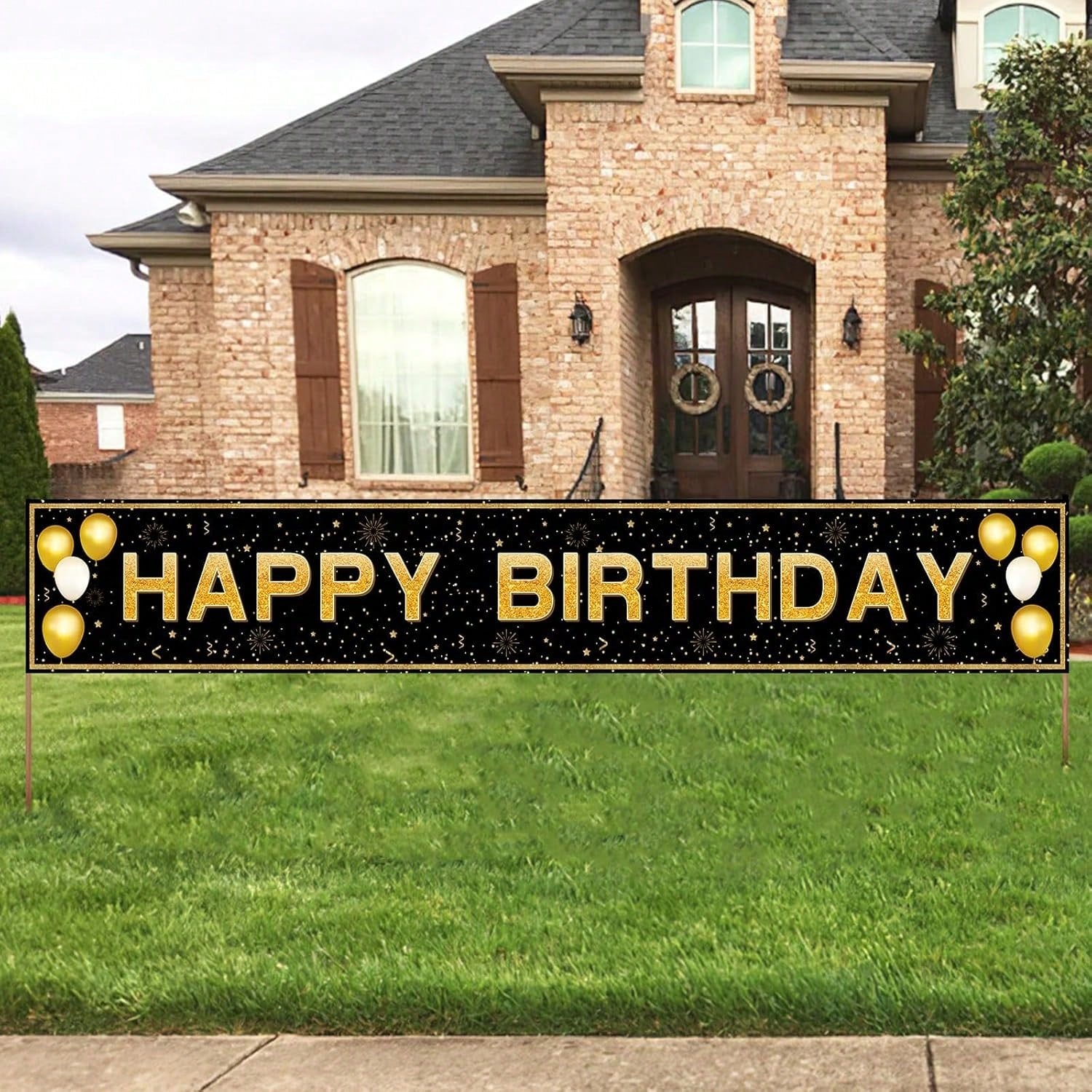 Happy Birthday Banner 118x20in Black Gold Waterproof Indoor Outdoor Party Decor