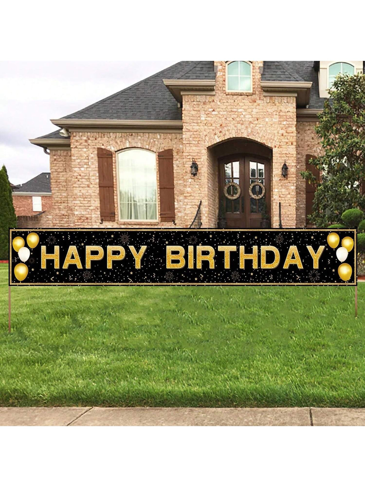 Happy Birthday Banner 118x20in Black Gold Waterproof Indoor Outdoor Party Decor
