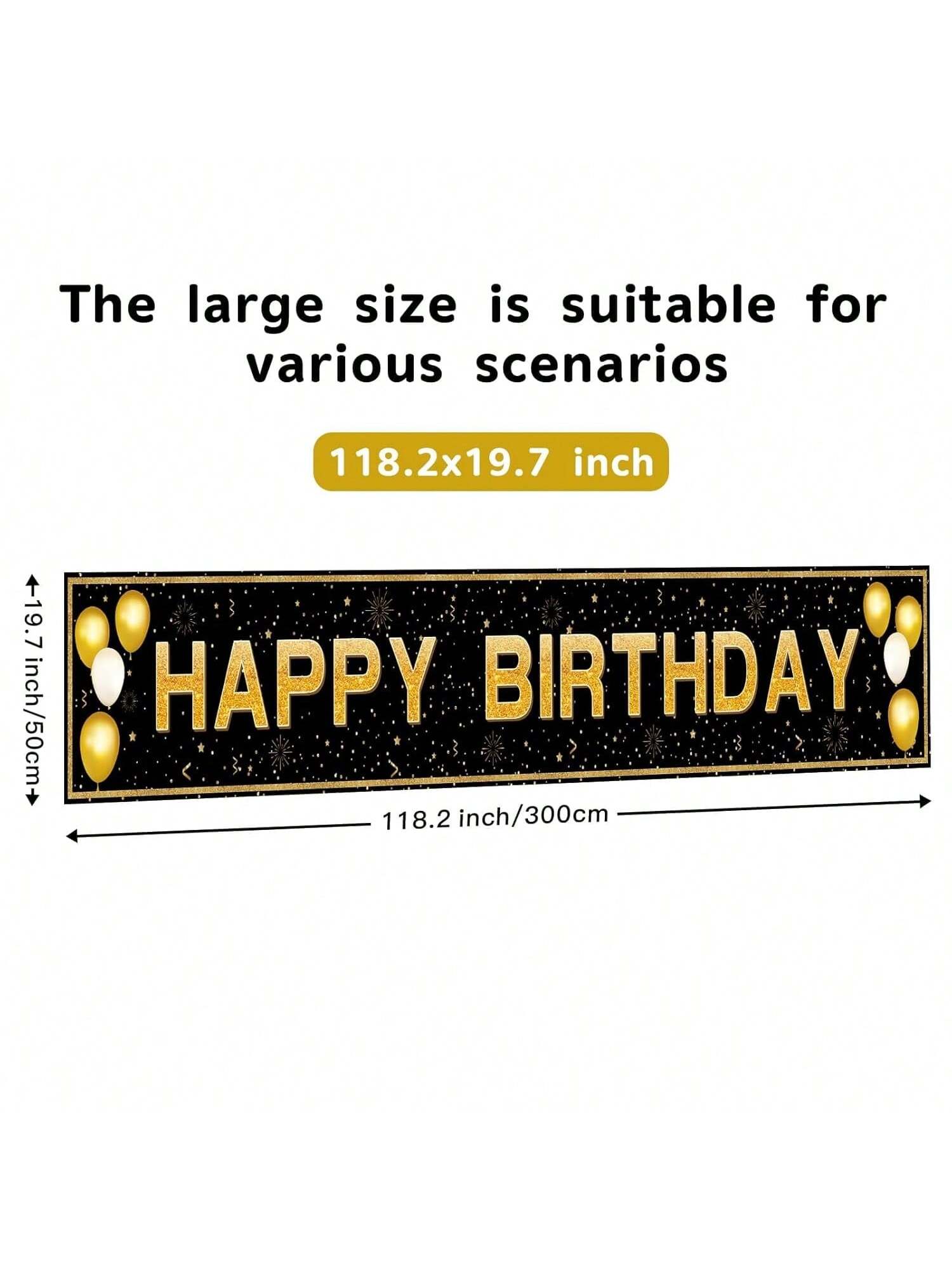 Happy Birthday Banner 118x20in Black Gold Waterproof Indoor Outdoor Party Decor