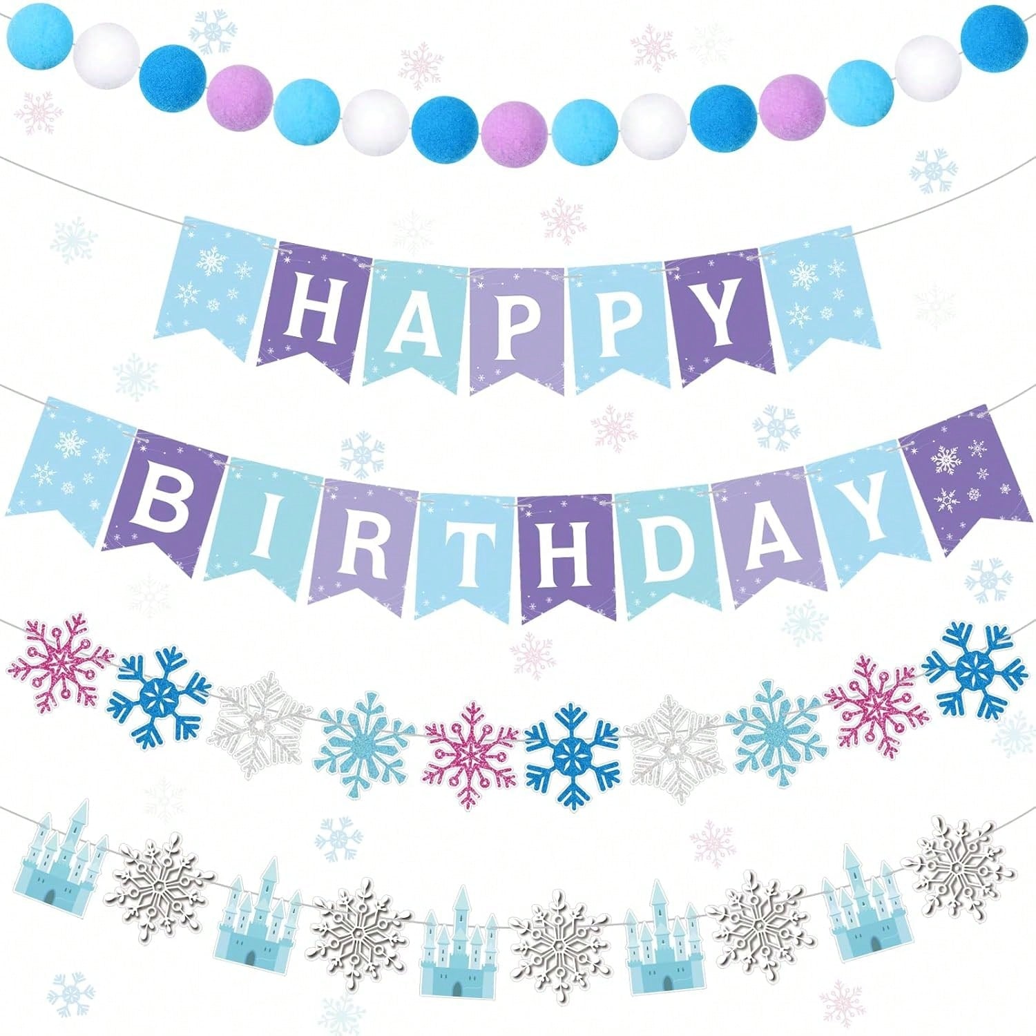 5Pc Snowflake Happy Birthday Banner Blue Felt Castle Winter Party Decor