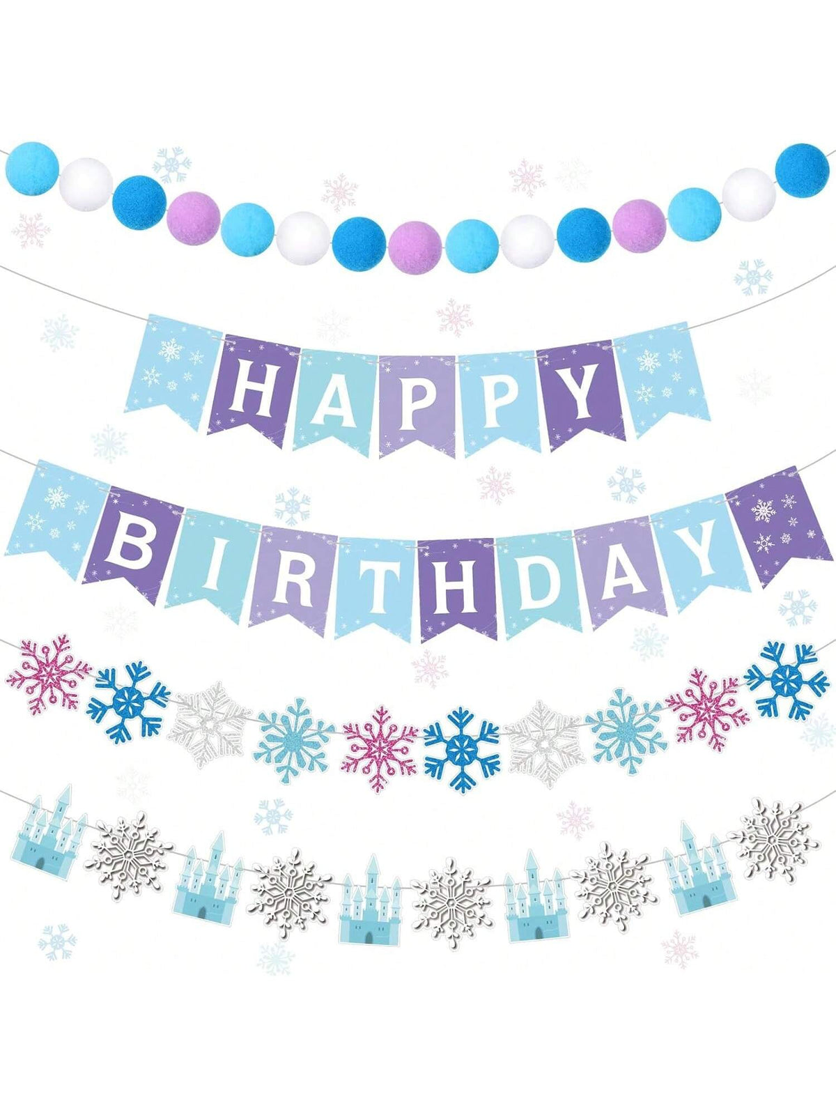 5Pc Snowflake Happy Birthday Banner Blue Felt Castle Winter Party Decor