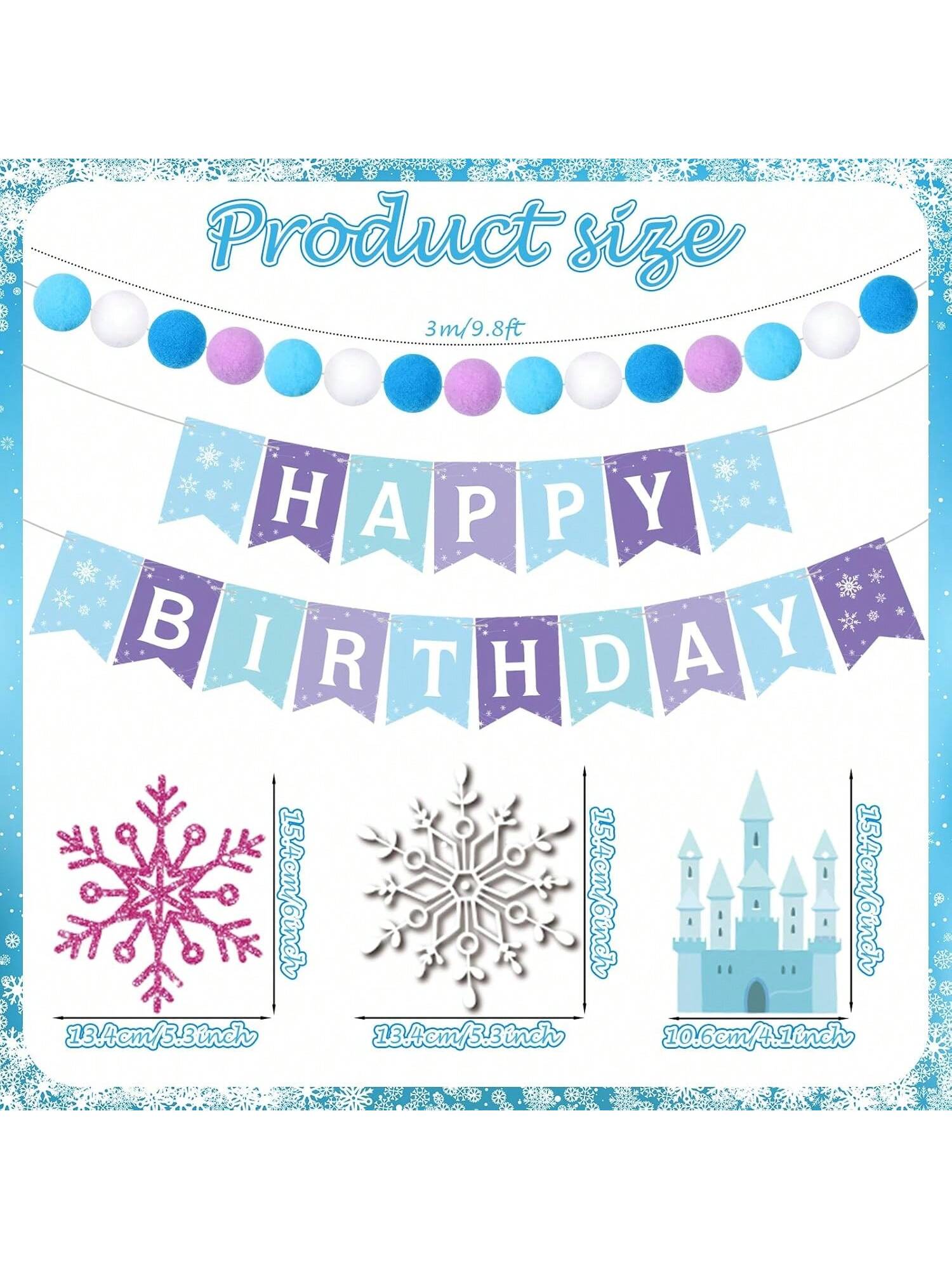 5Pc Snowflake Happy Birthday Banner Blue Felt Castle Winter Party Decor