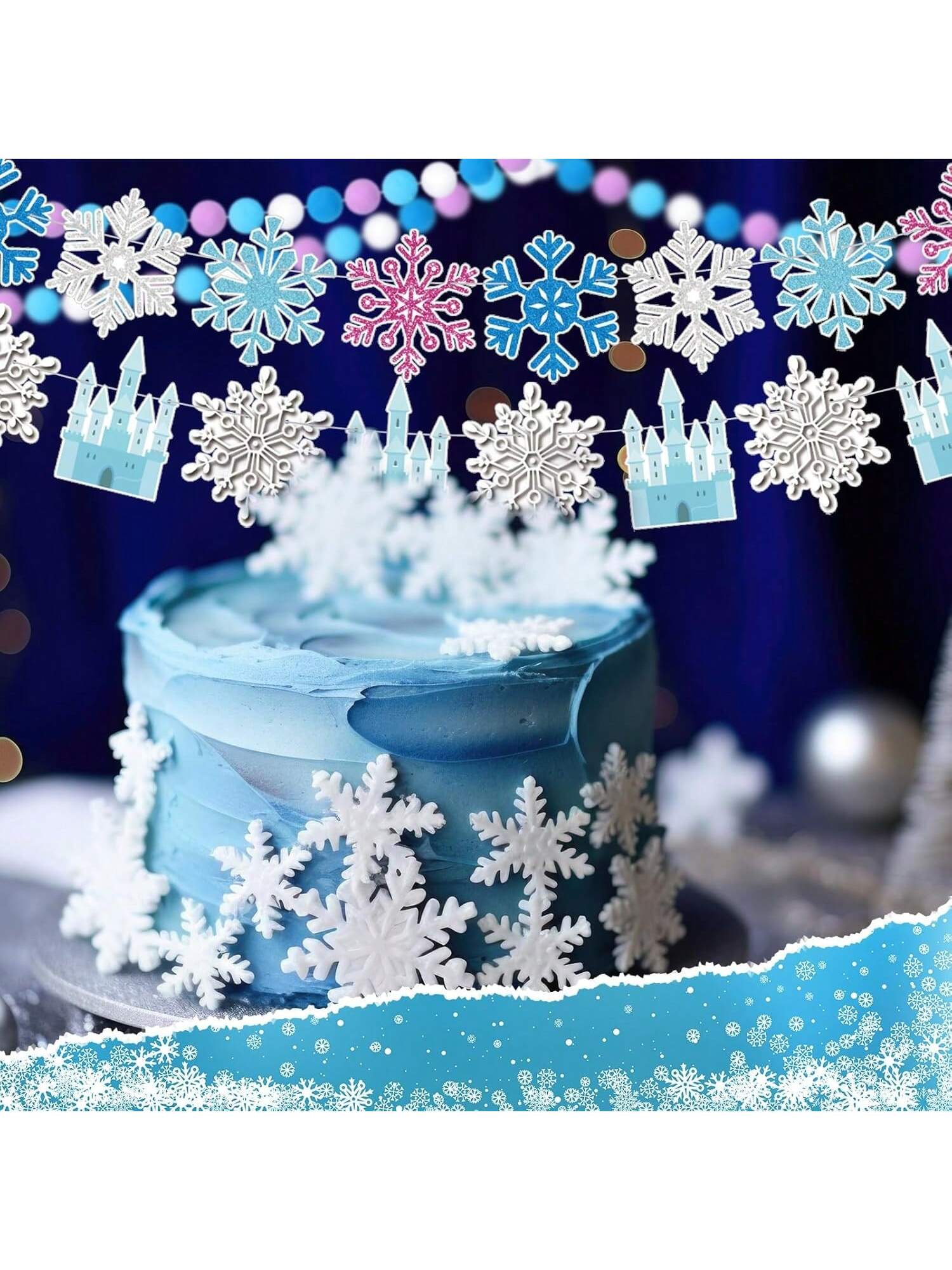 5Pc Snowflake Happy Birthday Banner Blue Felt Castle Winter Party Decor