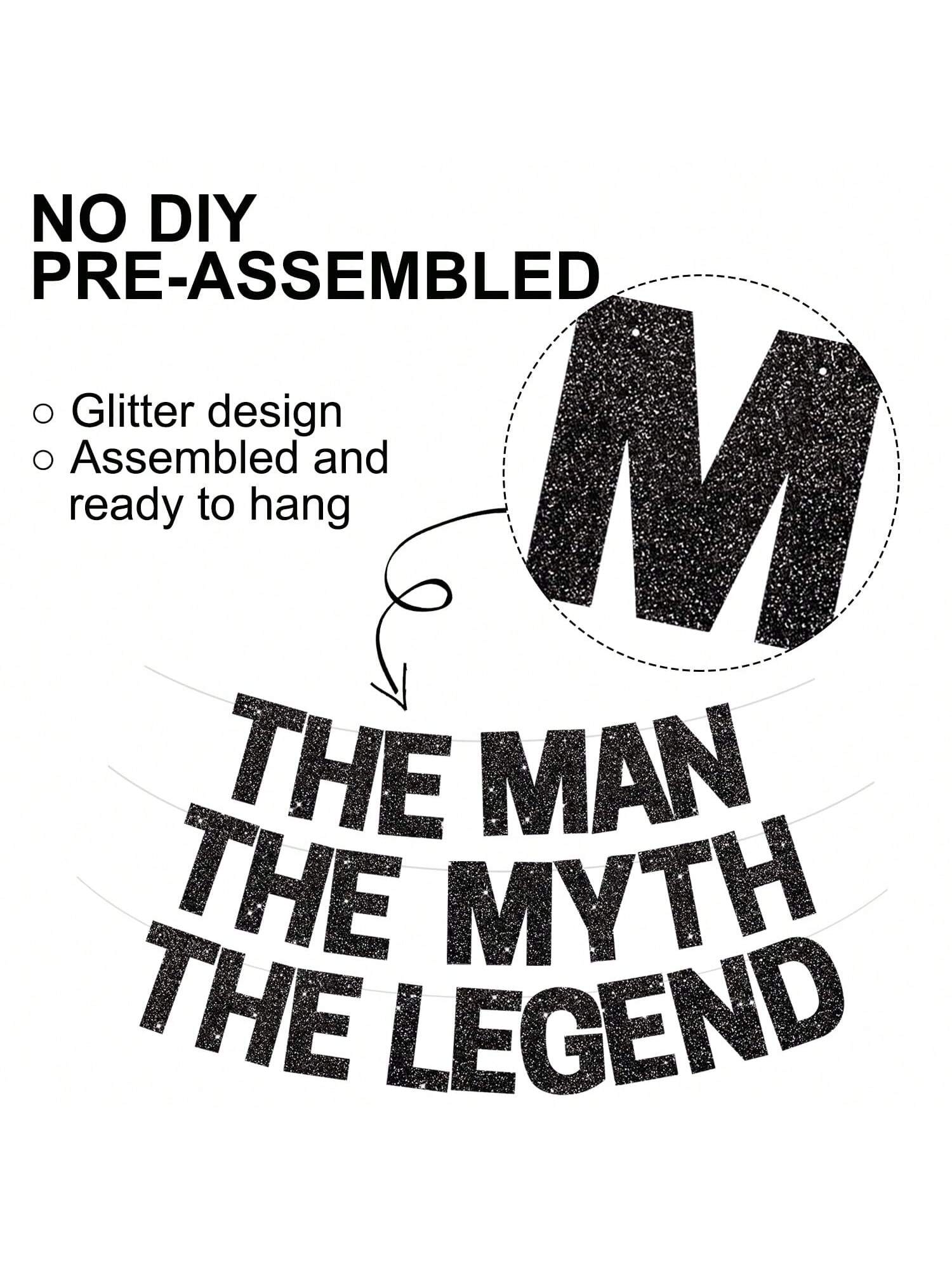 Black Glitter The Man The Myth The Legend Banner for Birthday & Retirement Parties