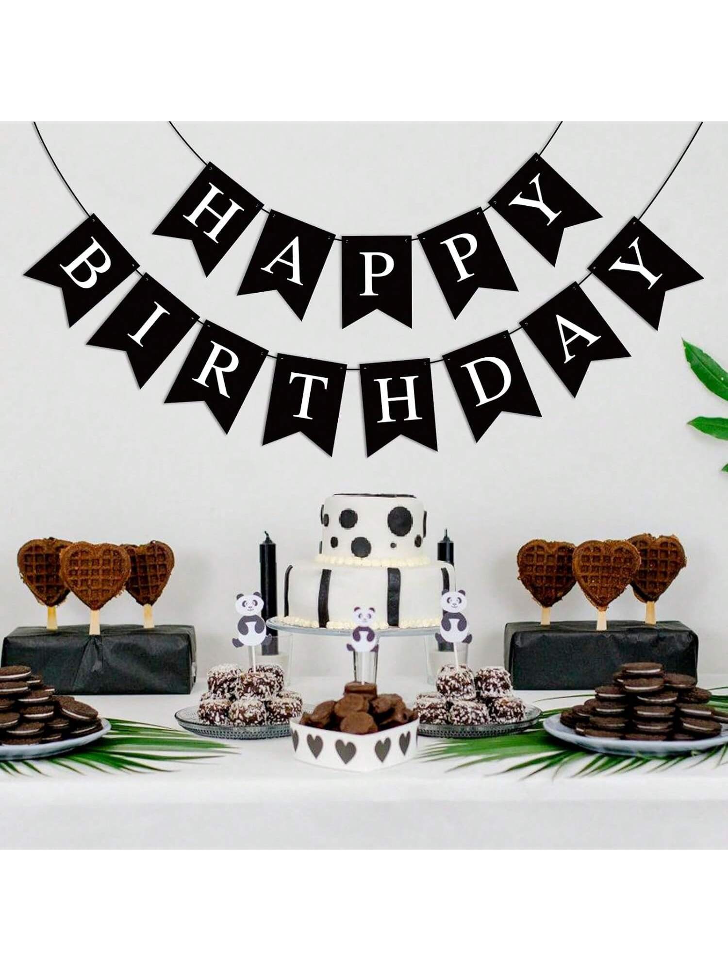 Black Happy Birthday Banner Garland for Kids and Adult Birthday Party Decor