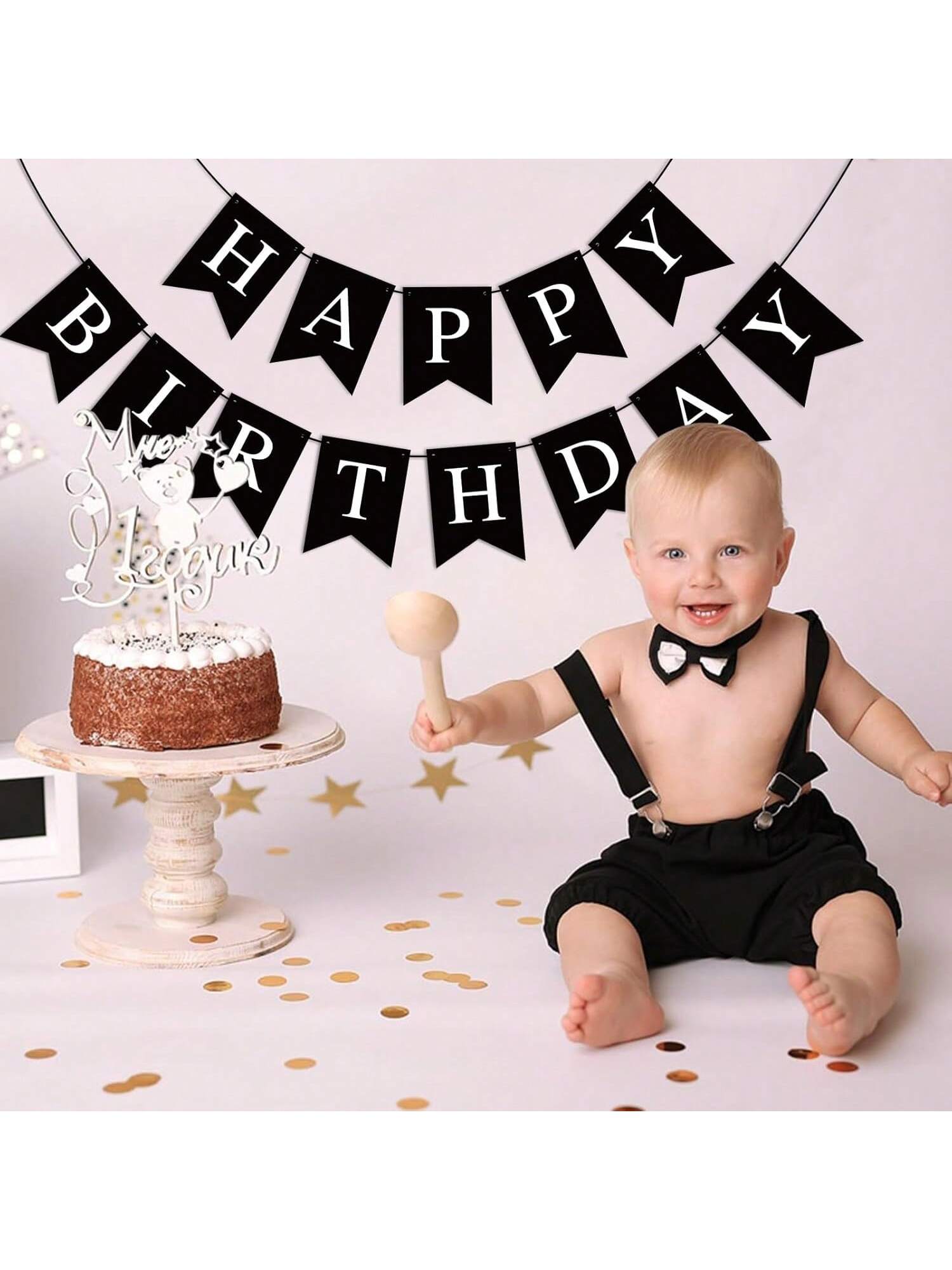 Black Happy Birthday Banner Garland for Kids and Adult Birthday Party Decor