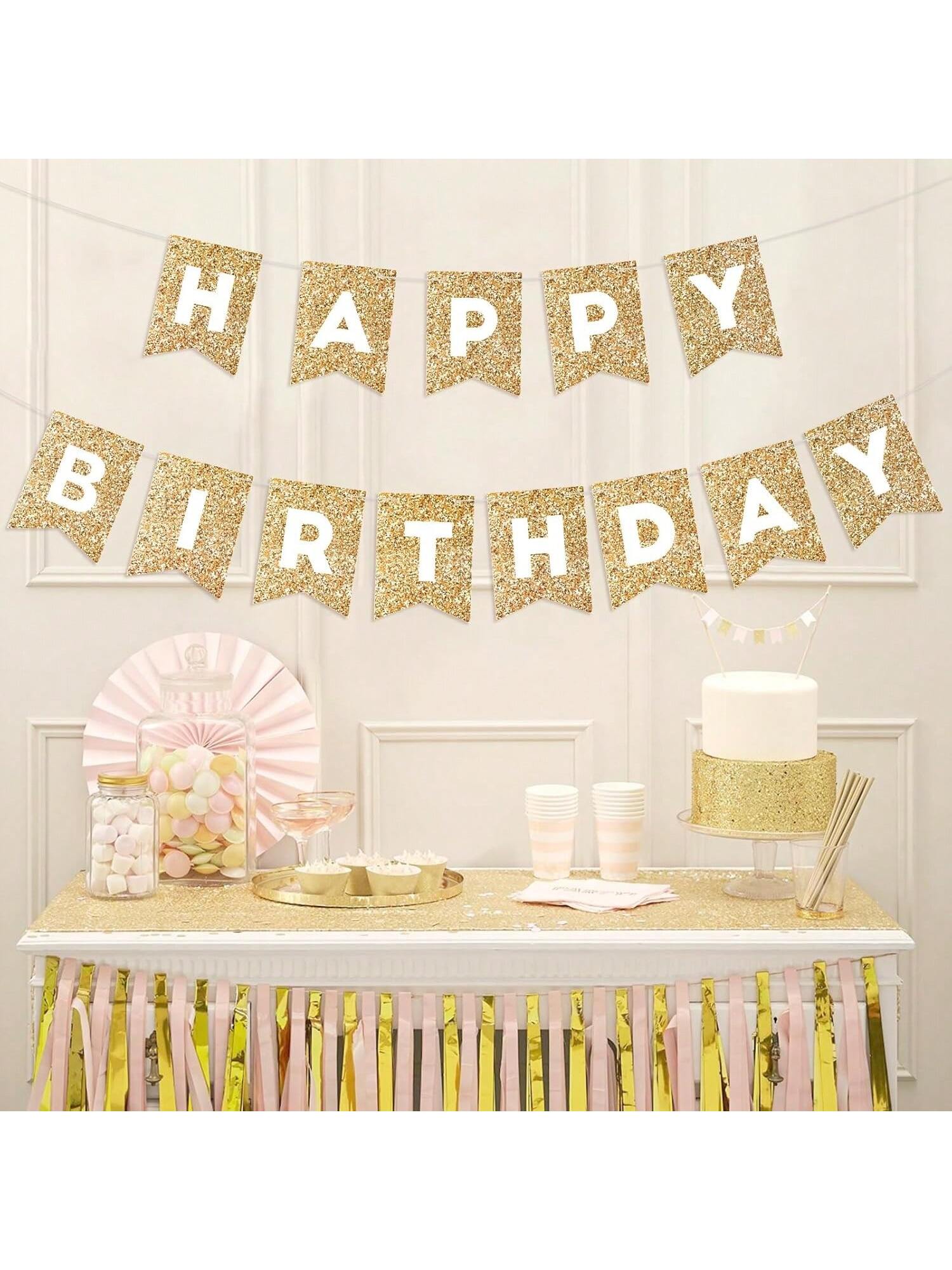 Gold Happy Birthday Banner Garland for Kids and Adults Party Wall or Door Decor