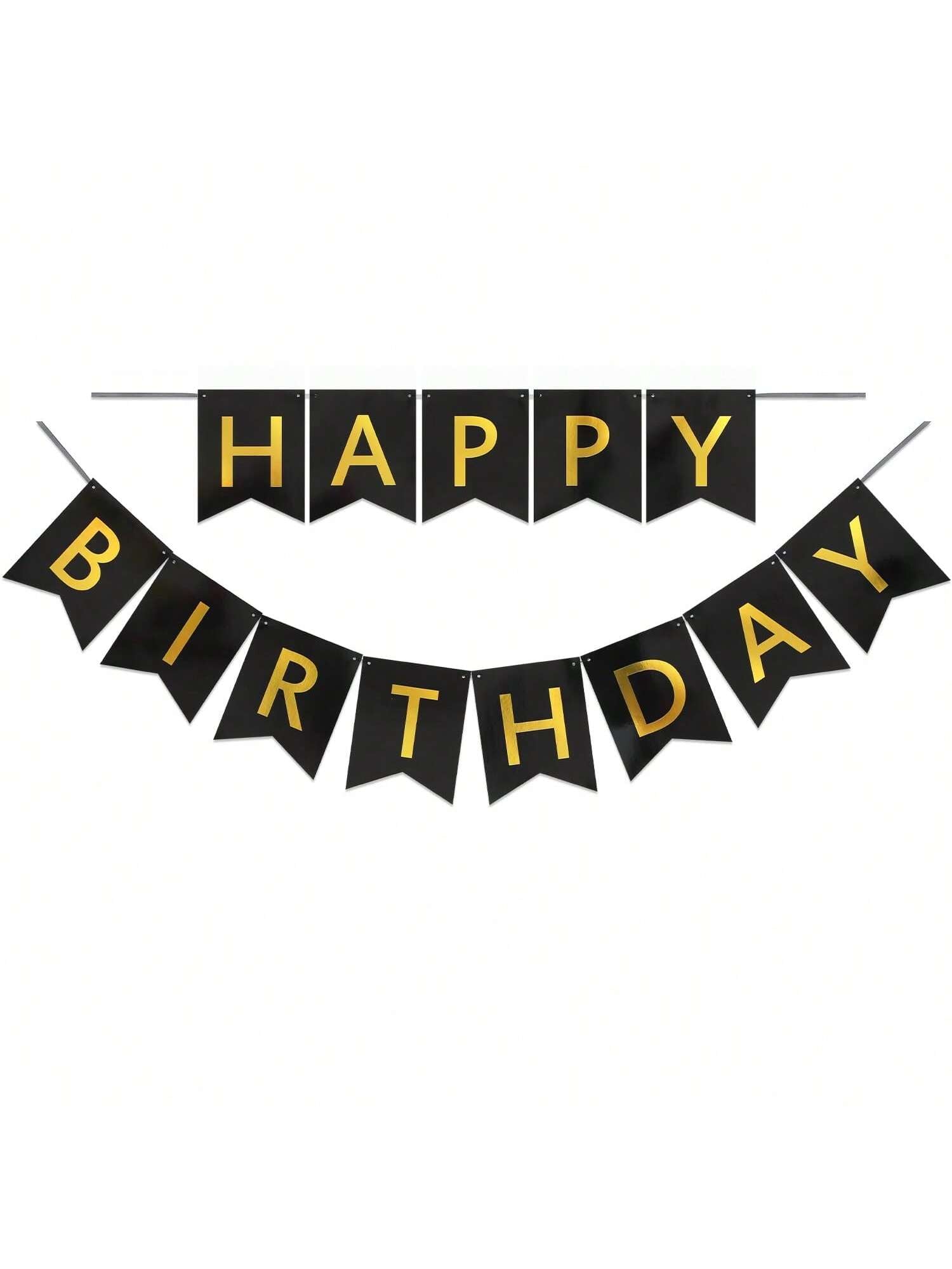 9-Ft Happy Birthday Banner Black and Gold for Reusable Party Wall Decor