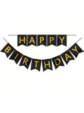 9-Ft Happy Birthday Banner Black and Gold for Reusable Party Wall Decor