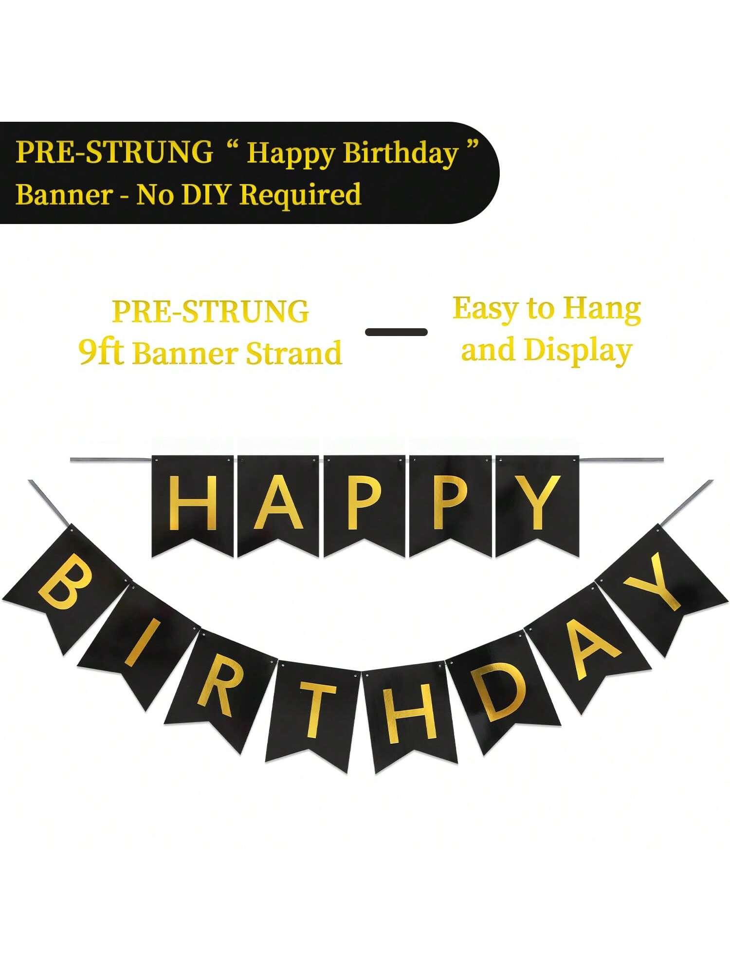 9-Ft Happy Birthday Banner Black and Gold for Reusable Party Wall Decor