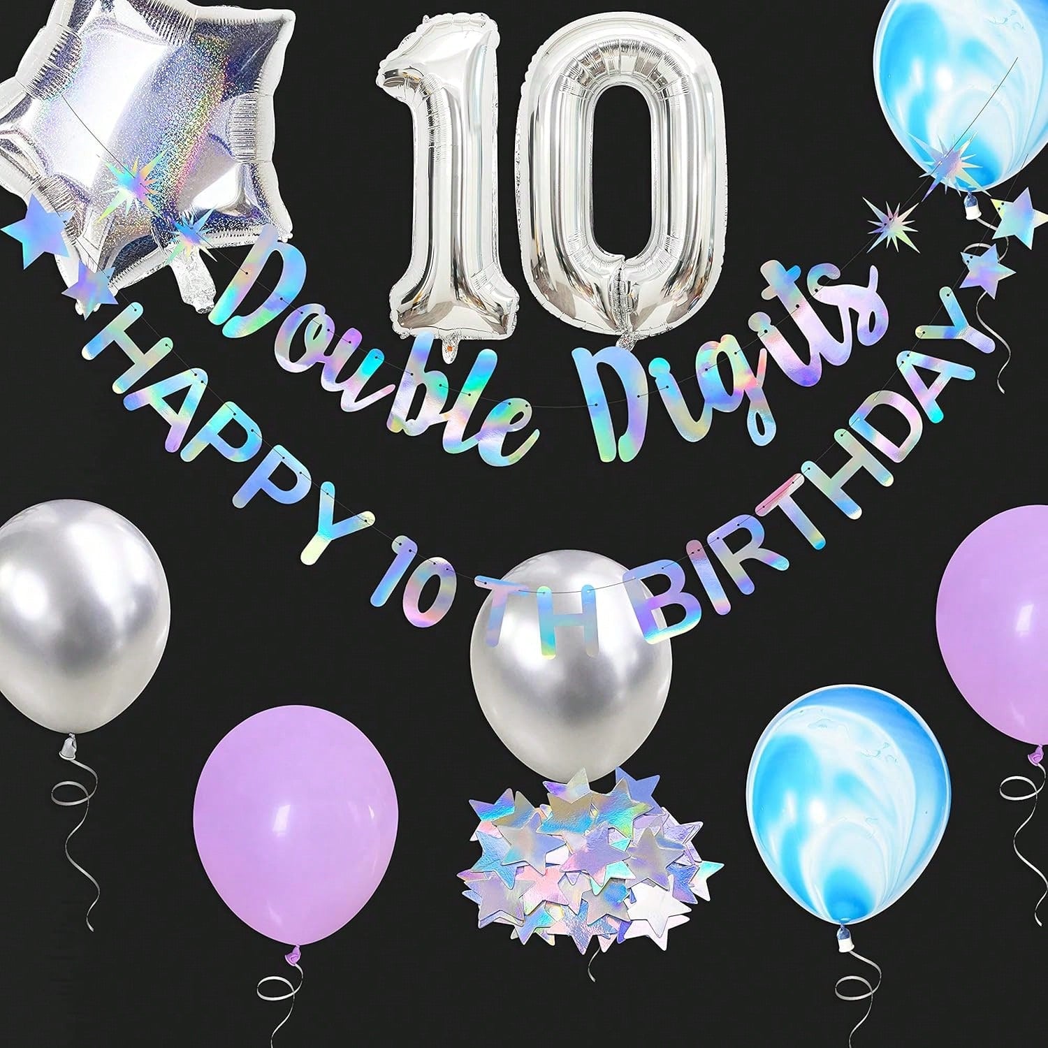 Iridescent 10th Birthday Foil Balloon Banner Garland for Party Decor