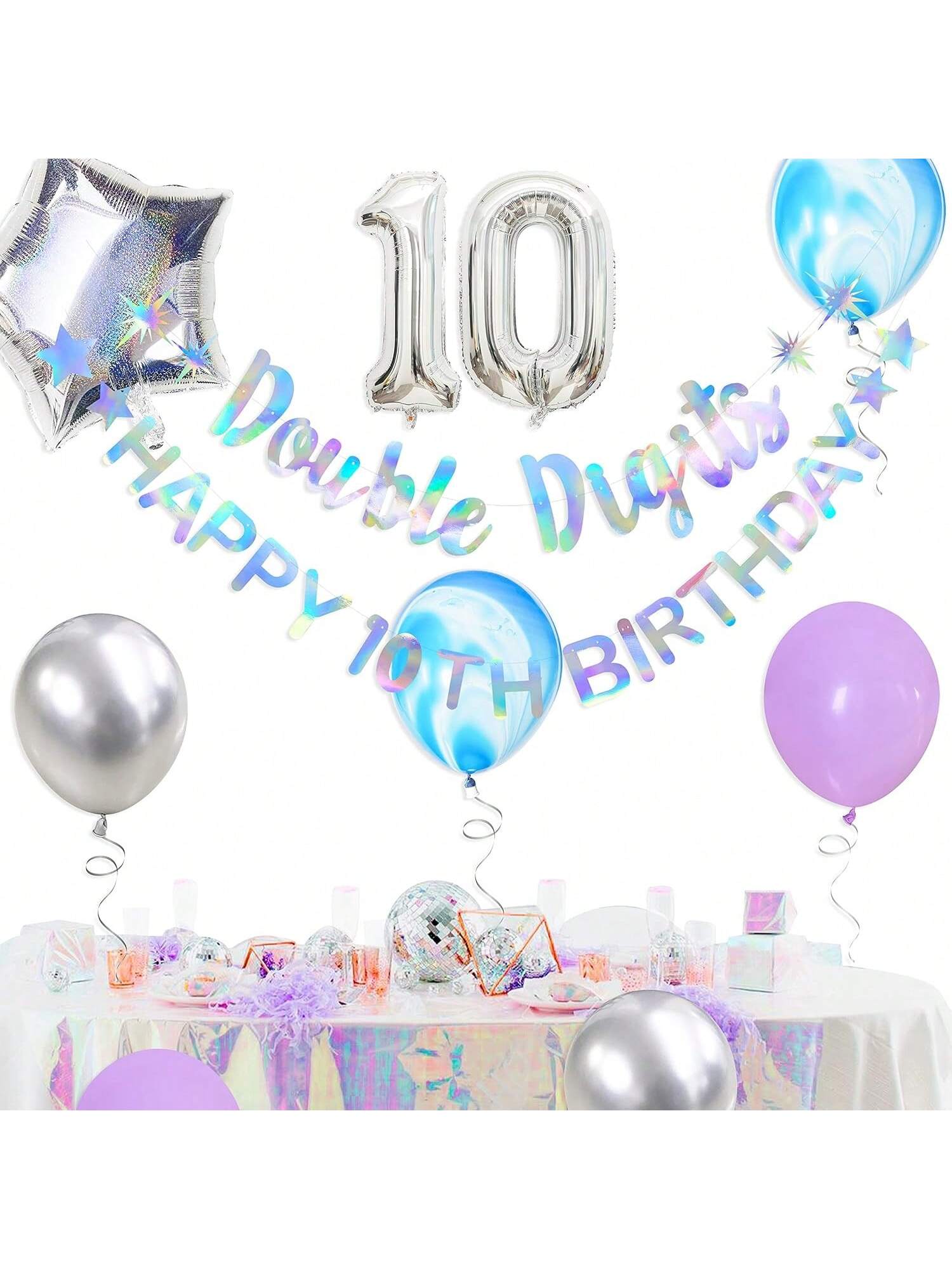 Iridescent 10th Birthday Foil Balloon Banner Garland for Party Decor