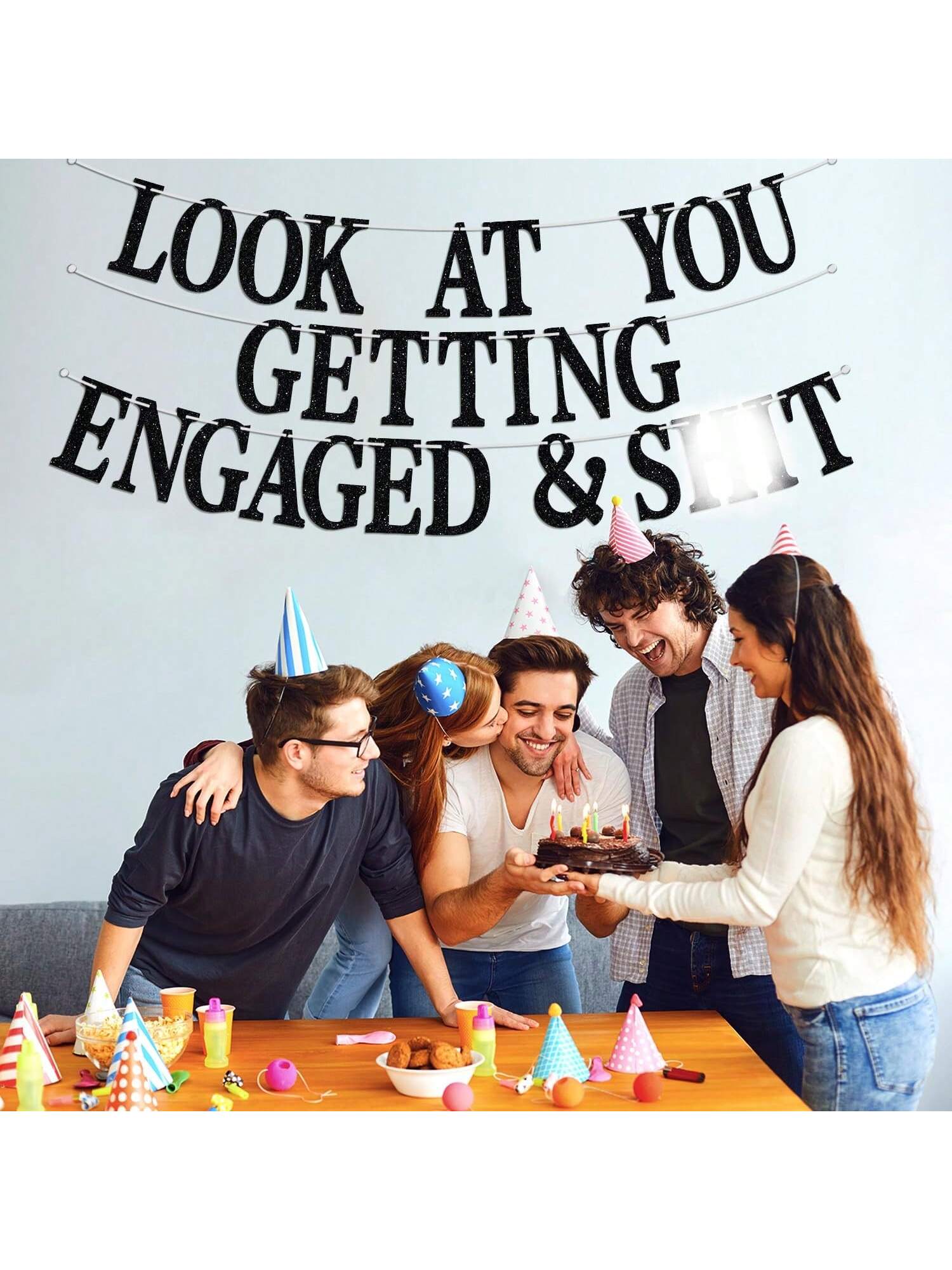 Look At You Getting Engaged Black Glitter Banner for Engagement & Bridal Shower Parties