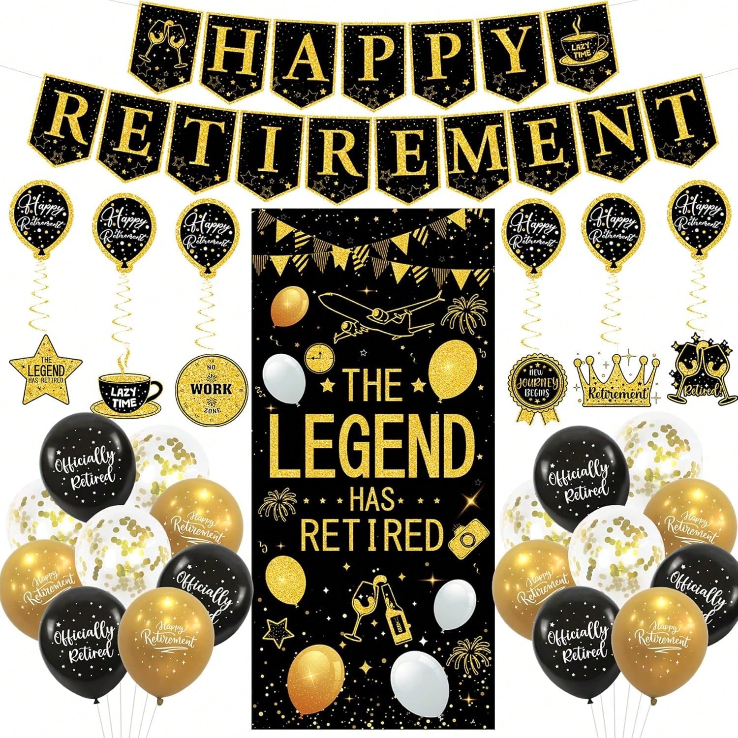Retirement Party Decorations Black Gold Banner Balloons Hanging Swirls Kit