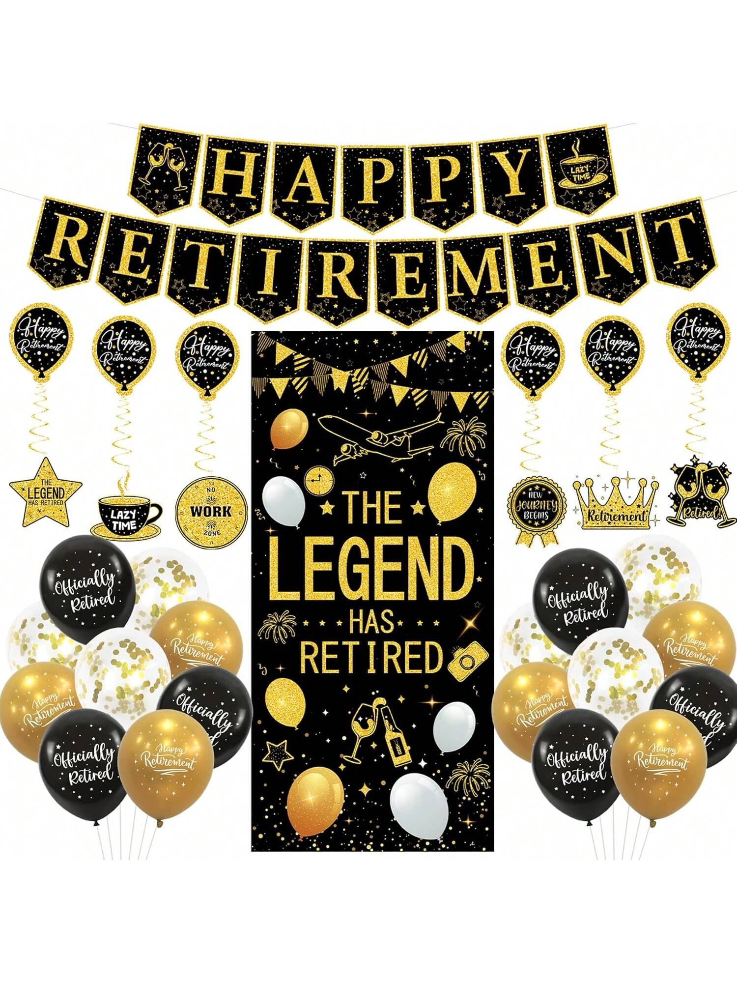 Retirement Party Decorations Black Gold Banner Balloons Hanging Swirls Kit