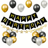 Black and Gold Birthday Decorations Kit Banner Stars and 18 Balloons for Men